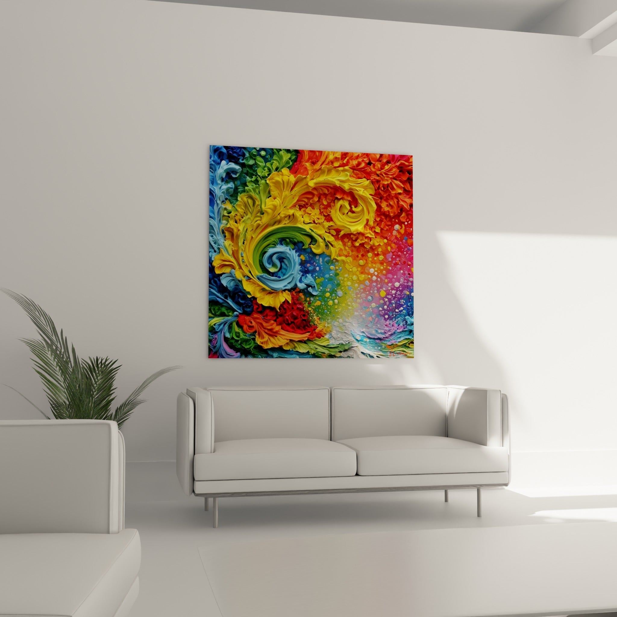 Pétales rouge orangé et jaune vif de ce tableau multicolore abstrait, au-dessus d'un canapé dans un salon lumineux