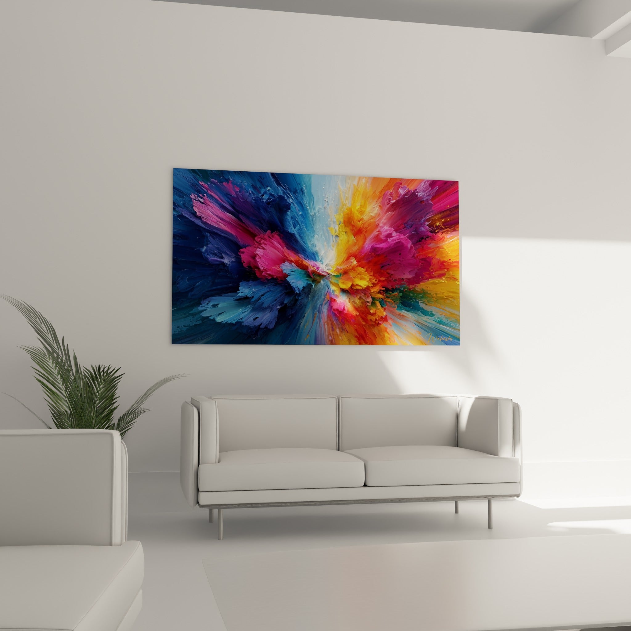 Éclat pictural orange et turquoise en mouvement, tableau abstrait au-dessus d'un canapé dans un salon lumineux