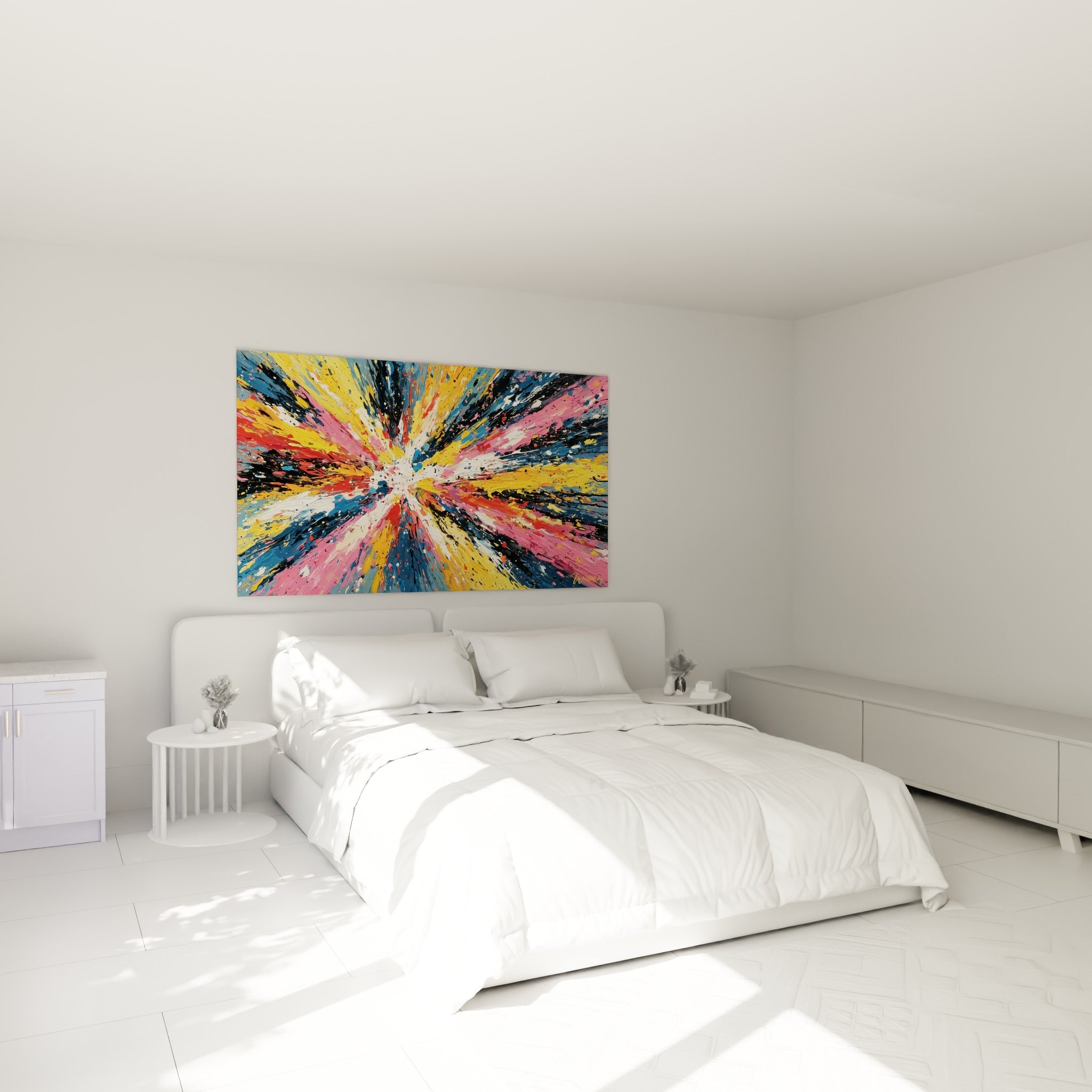 Jaillissement de couleurs jaune et rose du multicolore abstrait au-dessus d'un lit dans une chambre claire