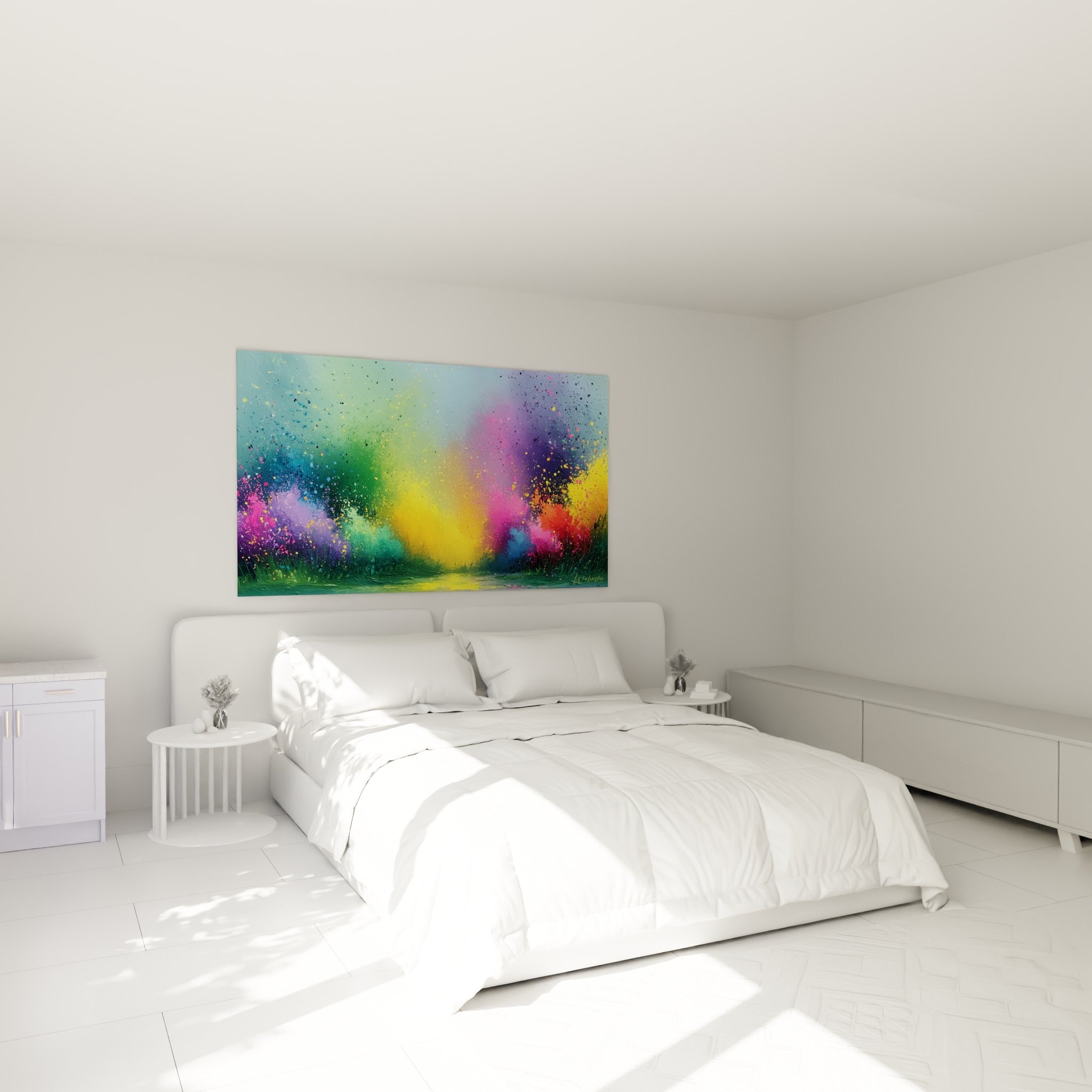 Éclats jaune vif et violet profond d'une explosion florale au-dessus d'un lit dans une chambre claire