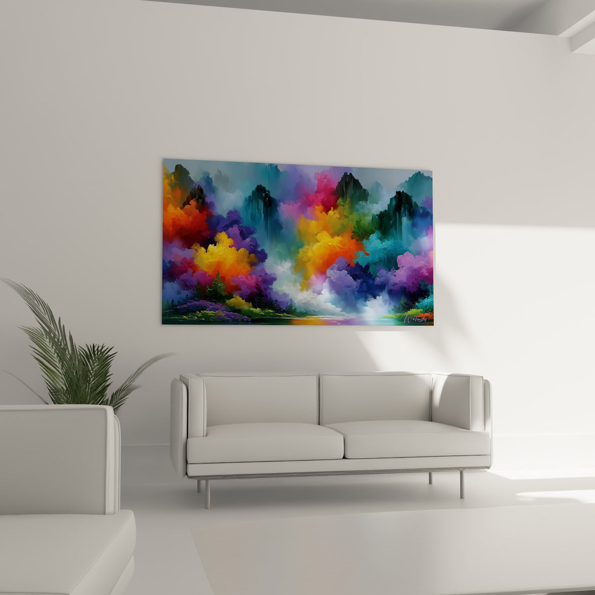 Brume violette et embrasement orange d'un tableau multicolore abstrait, au-dessus d'un canapé dans un salon lumineux