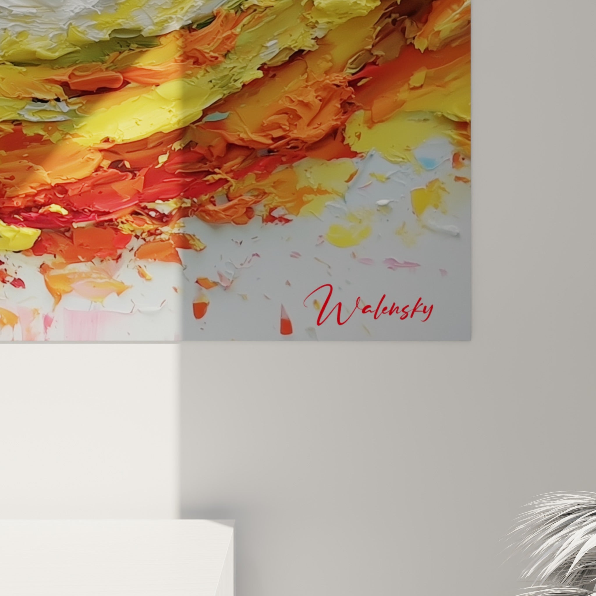 Empâtements épais de rouge et de jaune se touchant en coulures, grain de peinture visible de près