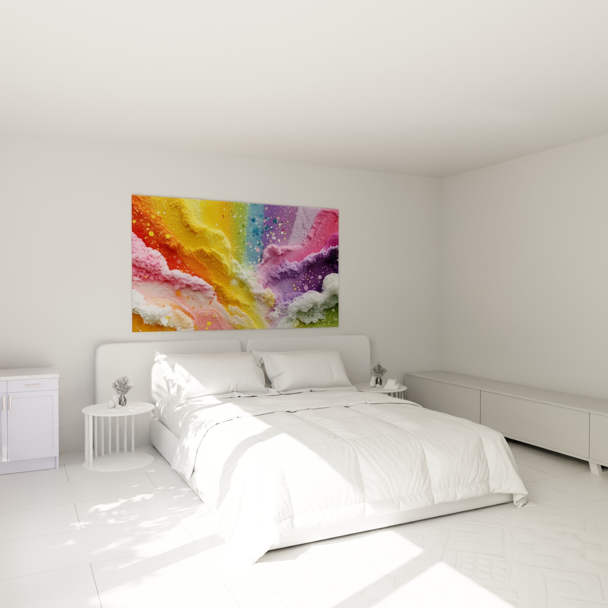 Empâtements violets et roses gourmands, tableau Multicolore abstrait au-dessus d'un lit dans une chambre claire