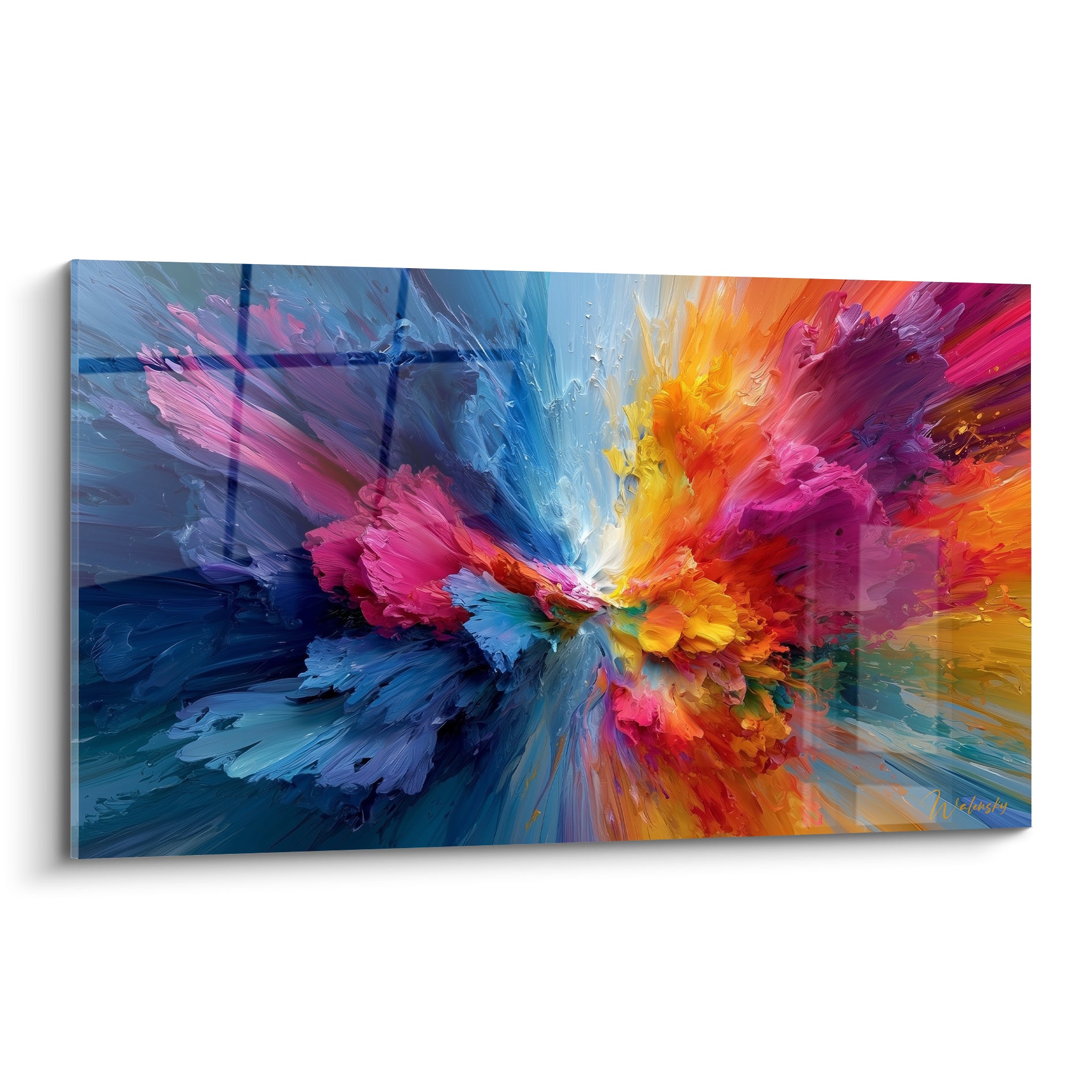 Explosion multicolore abstraite en bleu marine et orange incandescent, matière épaisse et lumineuse