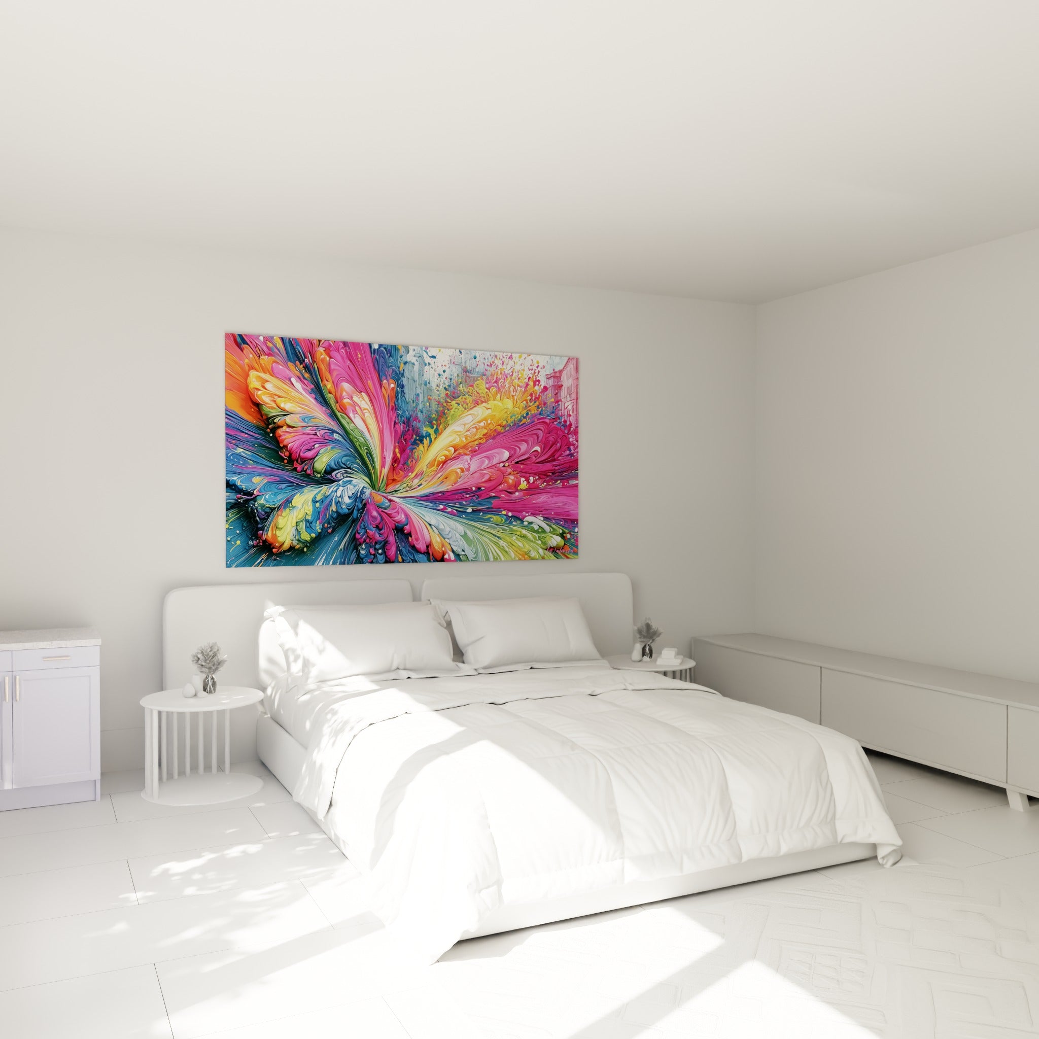 Explosion picturale rose et bleu marine du tableau Multicolore abstrait au-dessus d'un lit dans une chambre claire