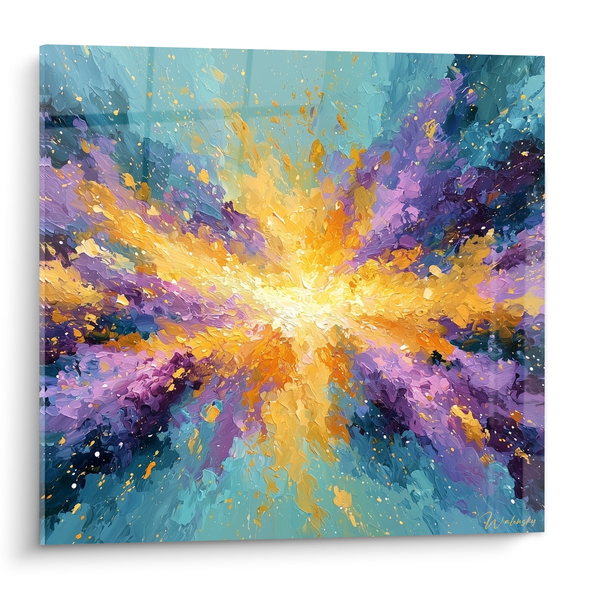 Explosion dorée et turquoise au centre lumineux, éclats violets en périphérie, style abstrait au couteau