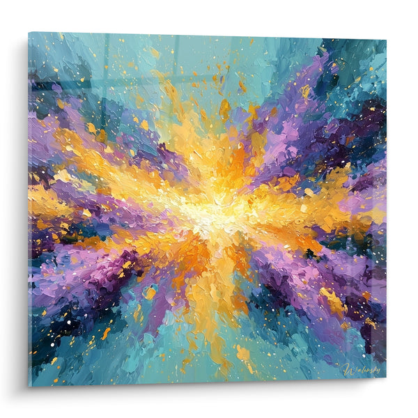Tableau Explosion dorée aux éclats turquoise et violets - Naissance stellaire - Edition Multicolore abstrait
