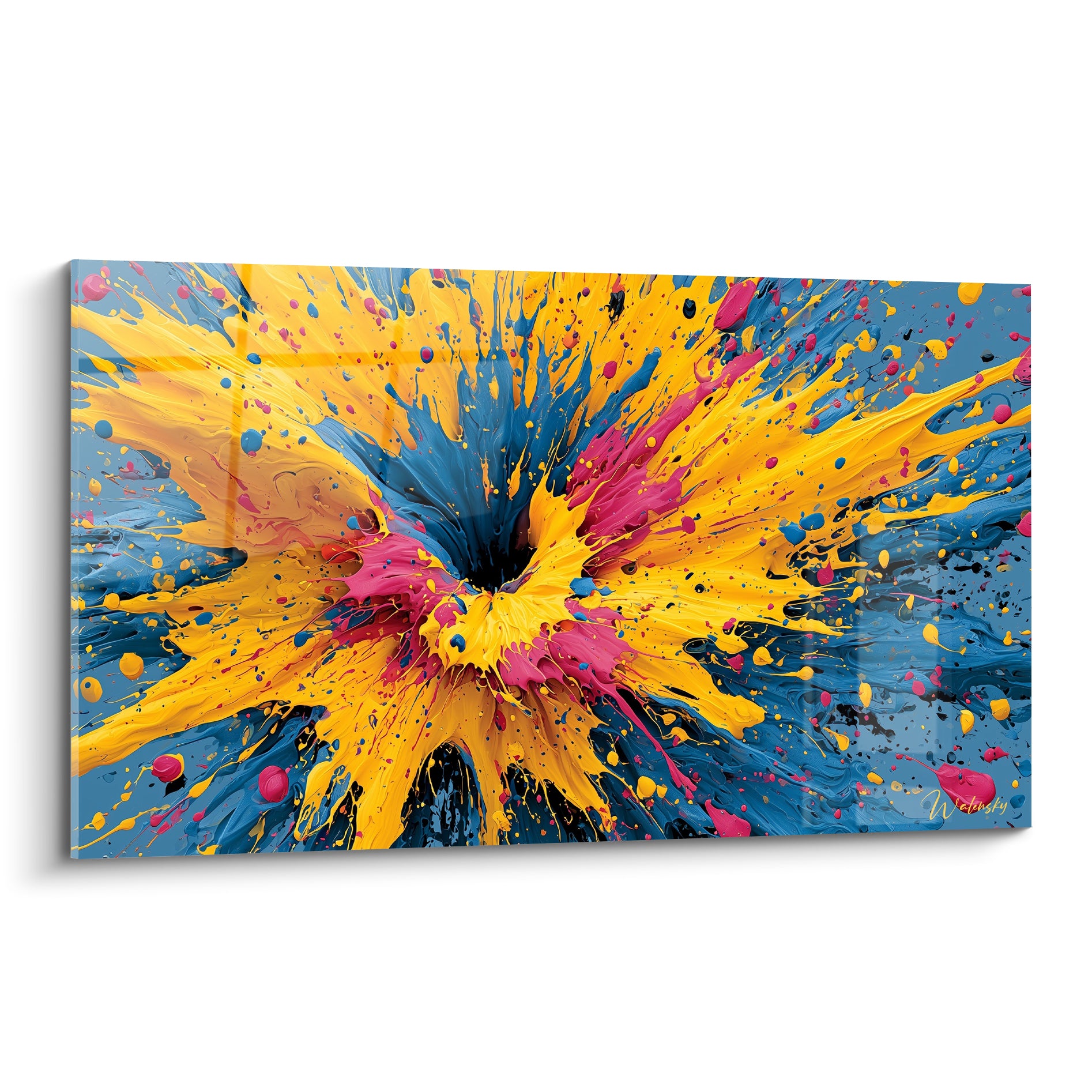 Explosion multicolore abstrait jaune vif et bleu profond aux éclats de rose fuchsia jaillissants