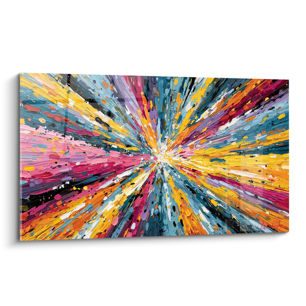 Tableau Rayons striés jaune et bleu pétrole vers point blanc - Convergence rayonnante centrale - Edition Multicolore abstrait