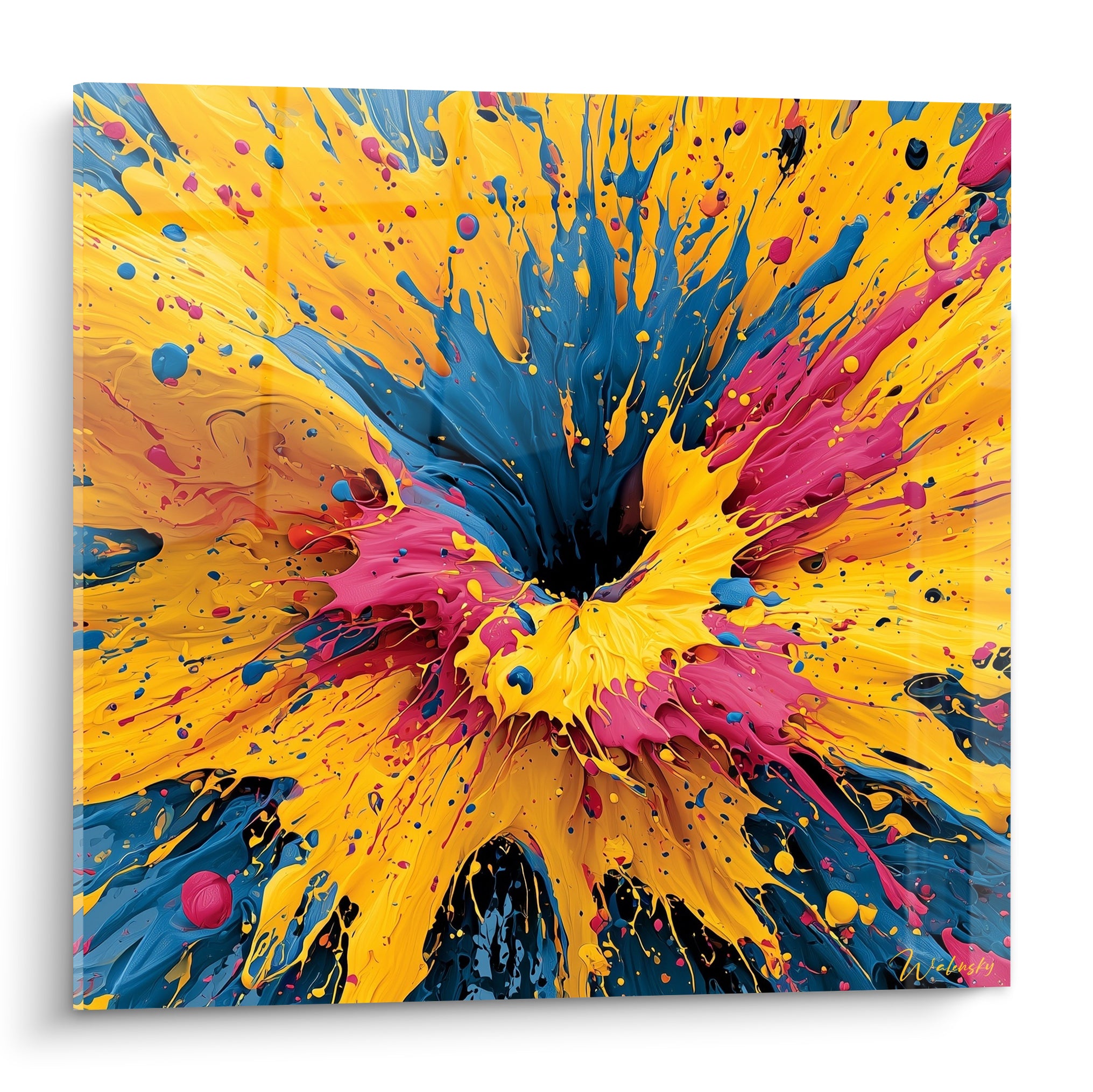 Explosion multicolore abstraite en jaune vif, bleu marine et fuchsia sur fond noir profond