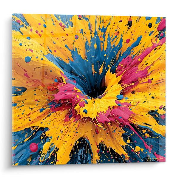 Tableau Explosion de peinture jaune et bleu - Onde de choc - Edition Multicolore abstrait
