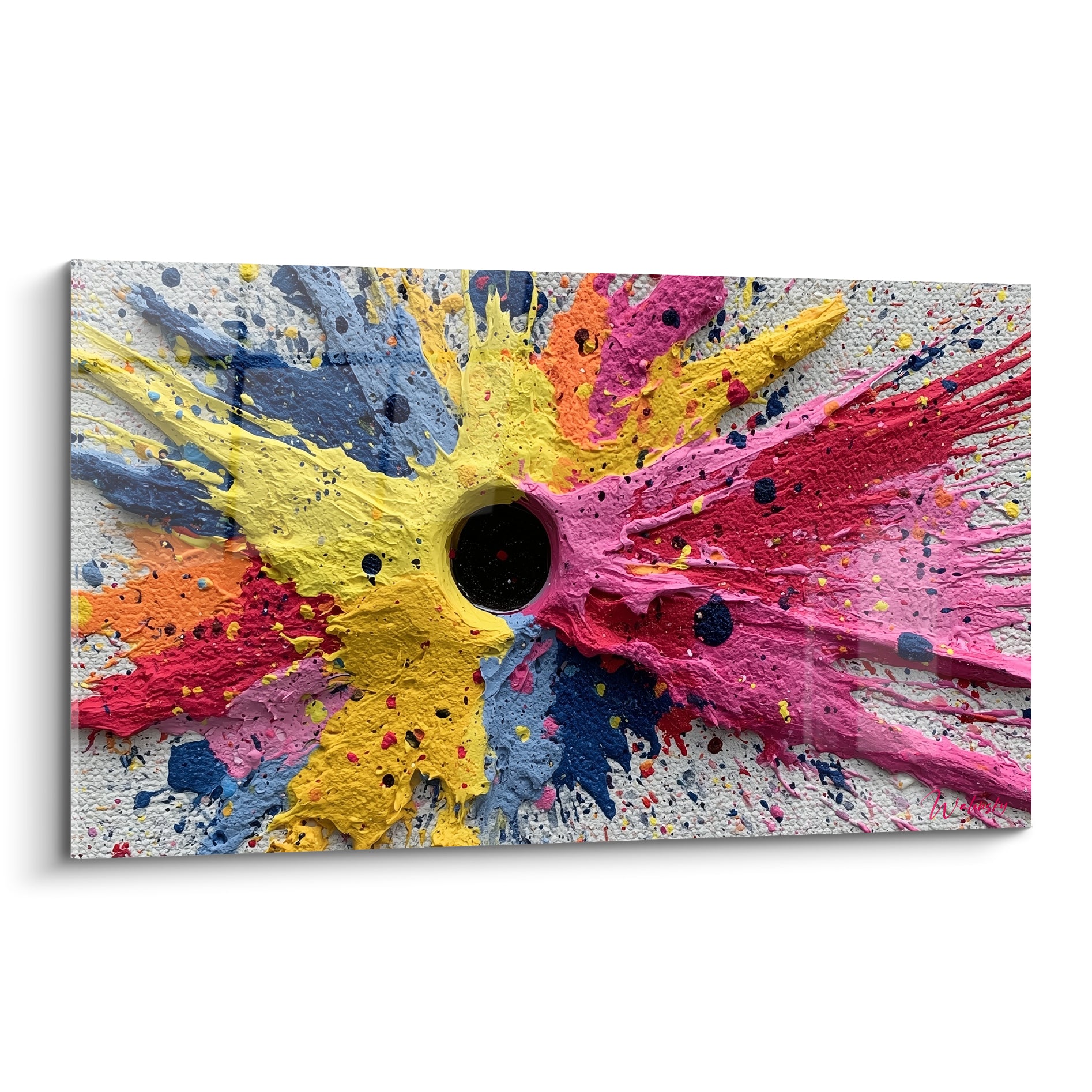 Explosion picturale jaune et rose fuchsia au centre noir, matière épaisse en relief sur toile