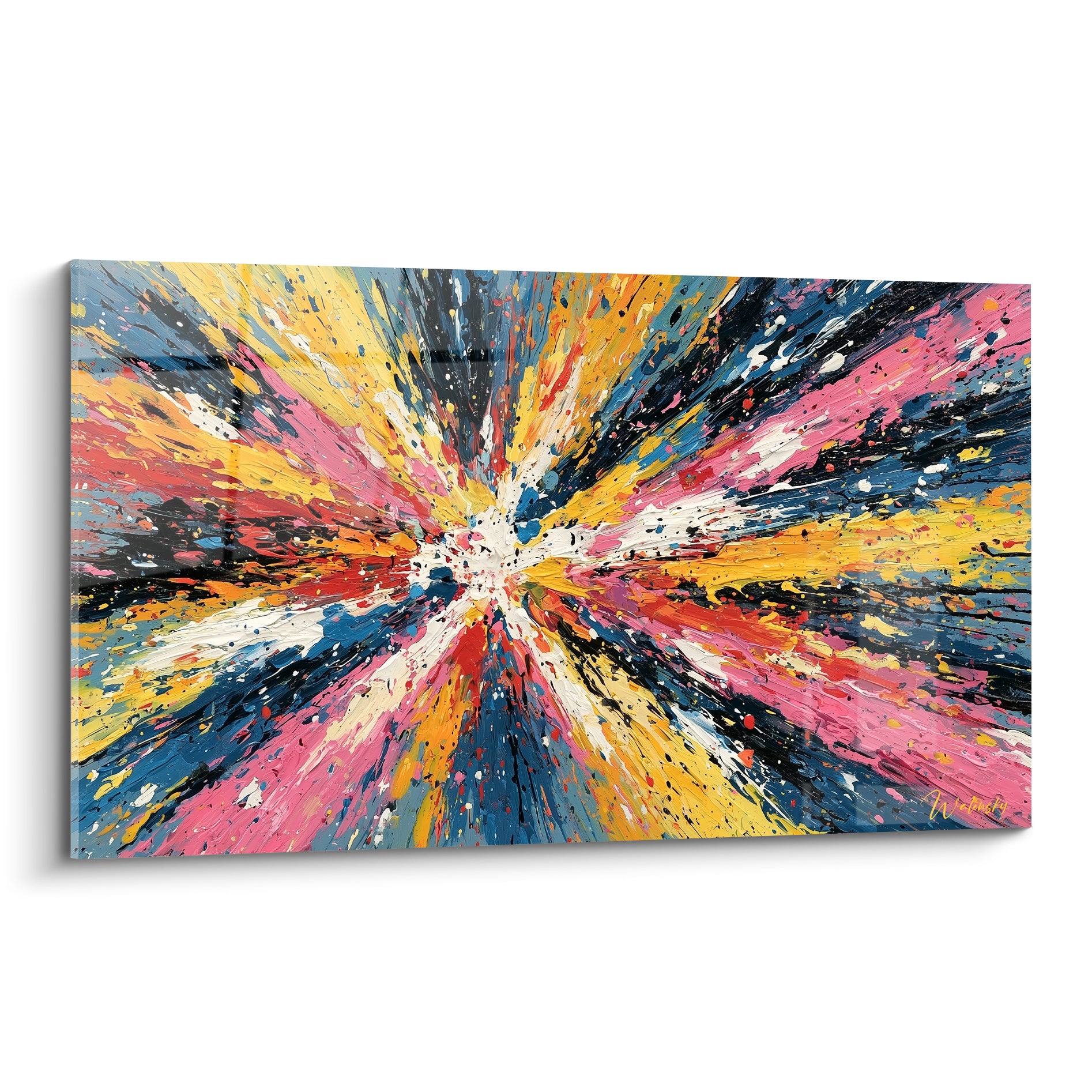 Explosion multicolore abstrait aux teintes jaune, rose et bleu marine jaillissant d'un centre lumineux
