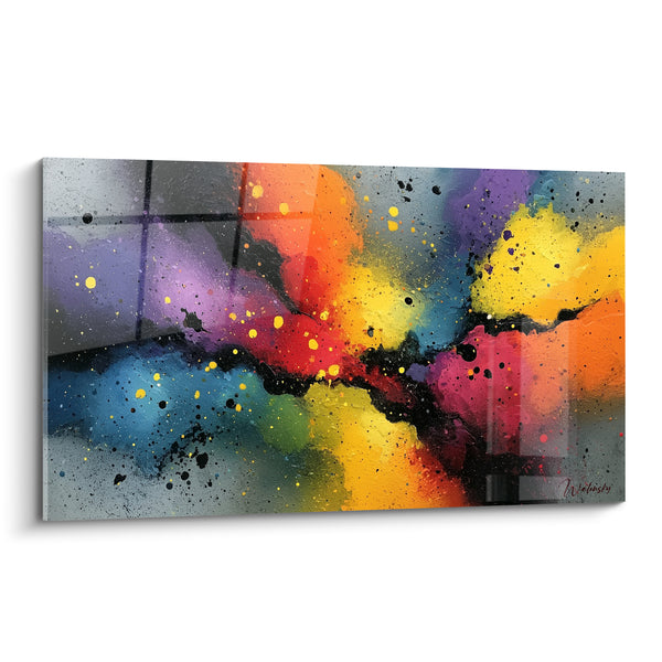 Tableau Faille noire diagonale entre orange et bleu - Grille sombre en surimpression - Edition Multicolore abstrait