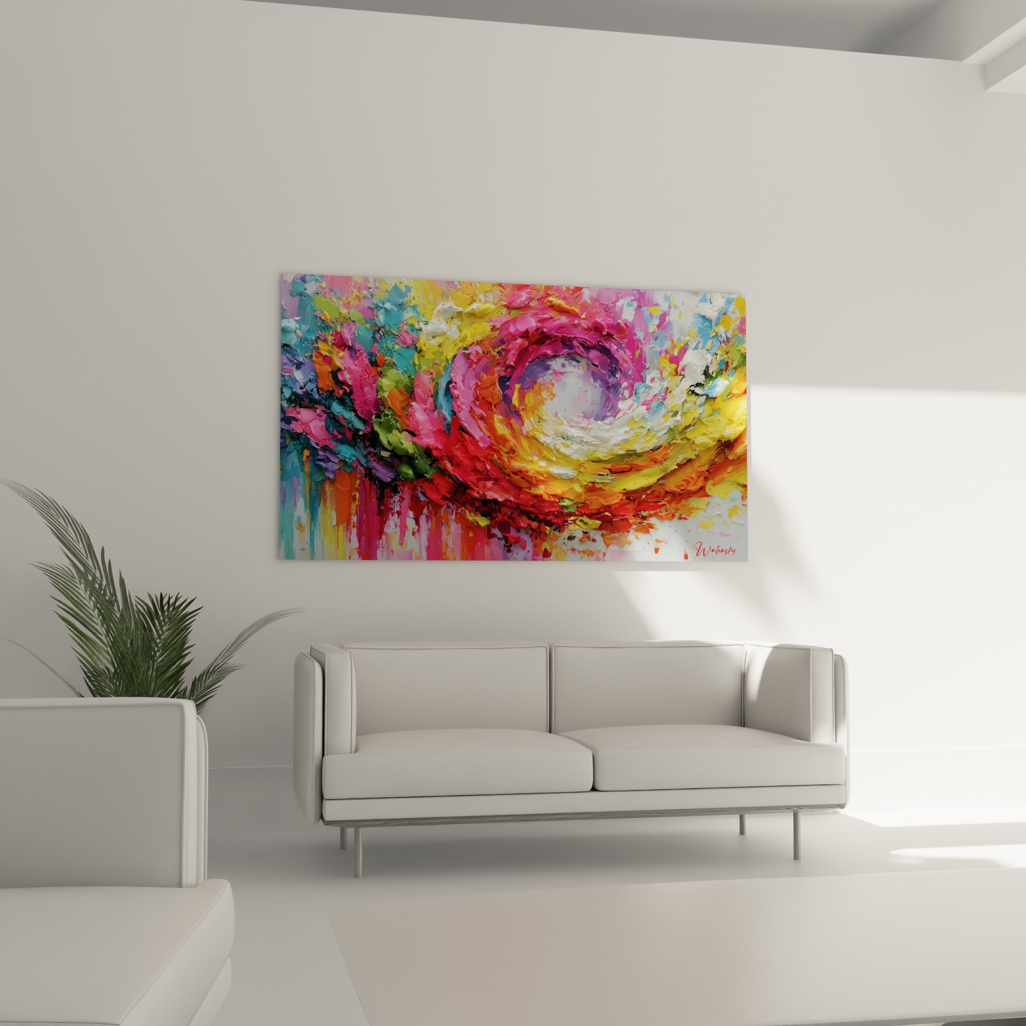 Explosion chromatique orange et blanche en relief, disposée au-dessus d'un canapé dans un salon lumineux