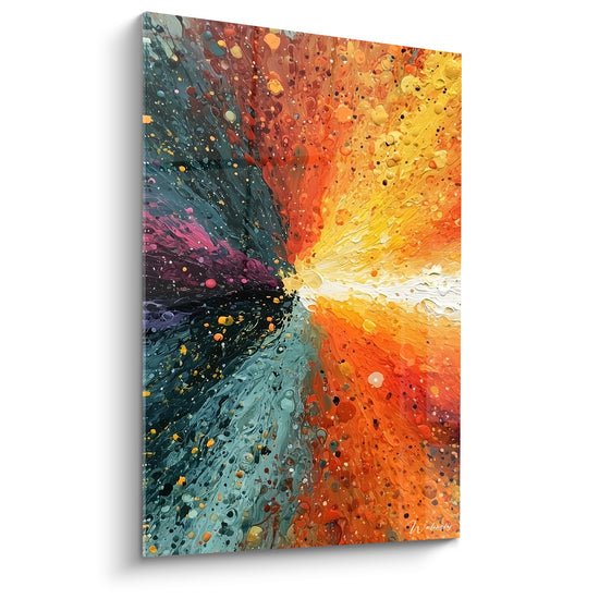 Explosion abstraite orange et sarcelle avec touches pourpres, éclaboussures de peinture texturée