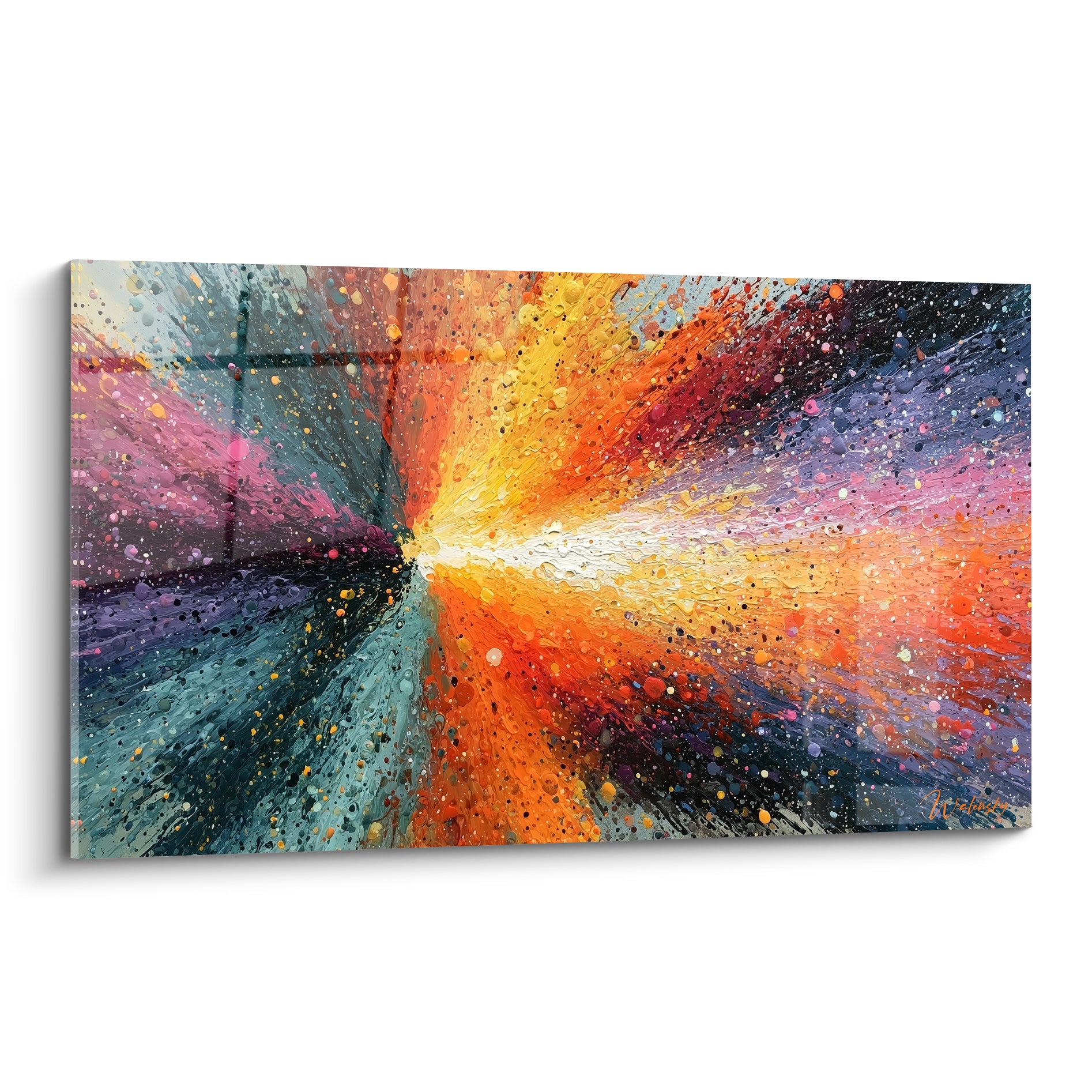 Explosion picturale orange et turquoise irradiant depuis un point blanc central sur toile lumineuse