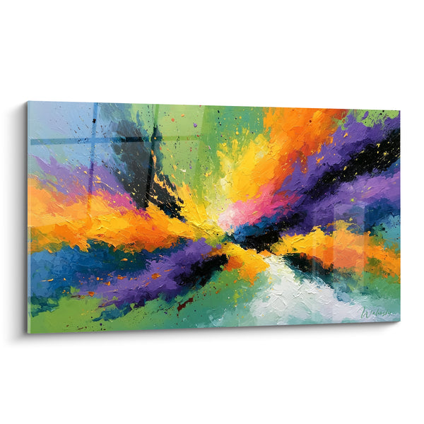 Tableau Explosion picturale orange et violette sur fond vert - Étincelle rose centrale - Edition Multicolore abstrait