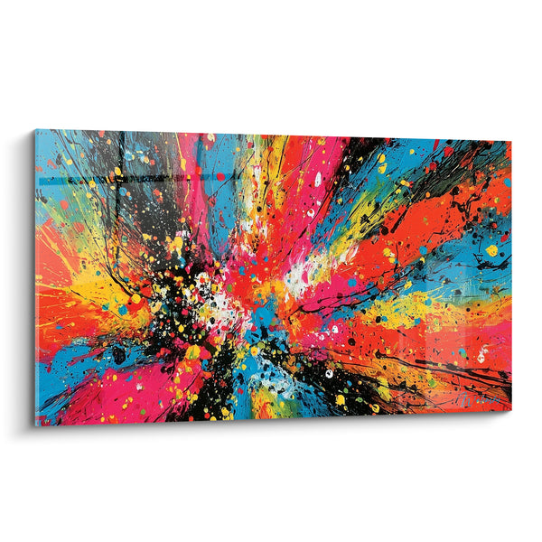 Tableau Explosion picturale rose et orangée aux éclaboussures noires - Épicentre incandescent - Edition Multicolore abstrait