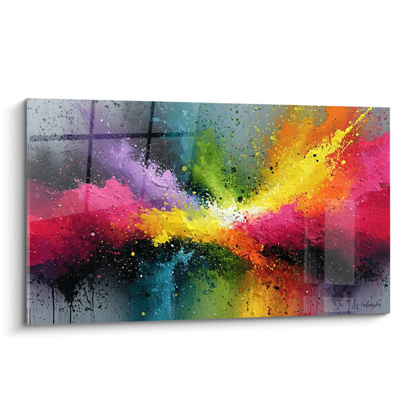 Tableau Explosion diagonale rose et jaune sur grille grise - Traînée lumineuse centrale - Edition Multicolore abstrait