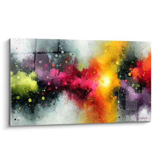 Explosion multicolore abstrait aux teintes rouge cerise, jaune safran et vert anisé sur fond gris