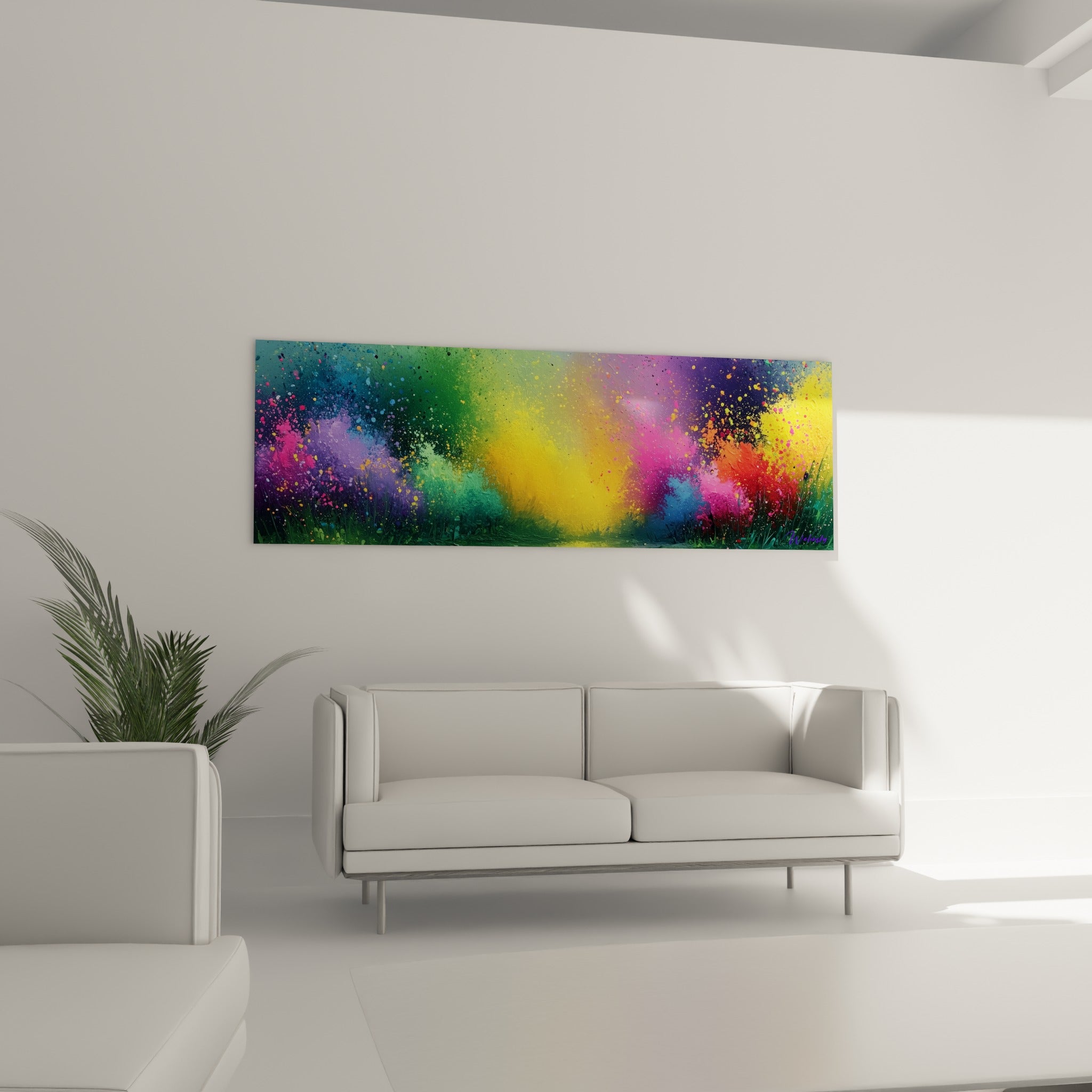 Nuage de couleurs vives du Multicolore abstrait, disposé au-dessus d'un canapé dans un salon lumineux