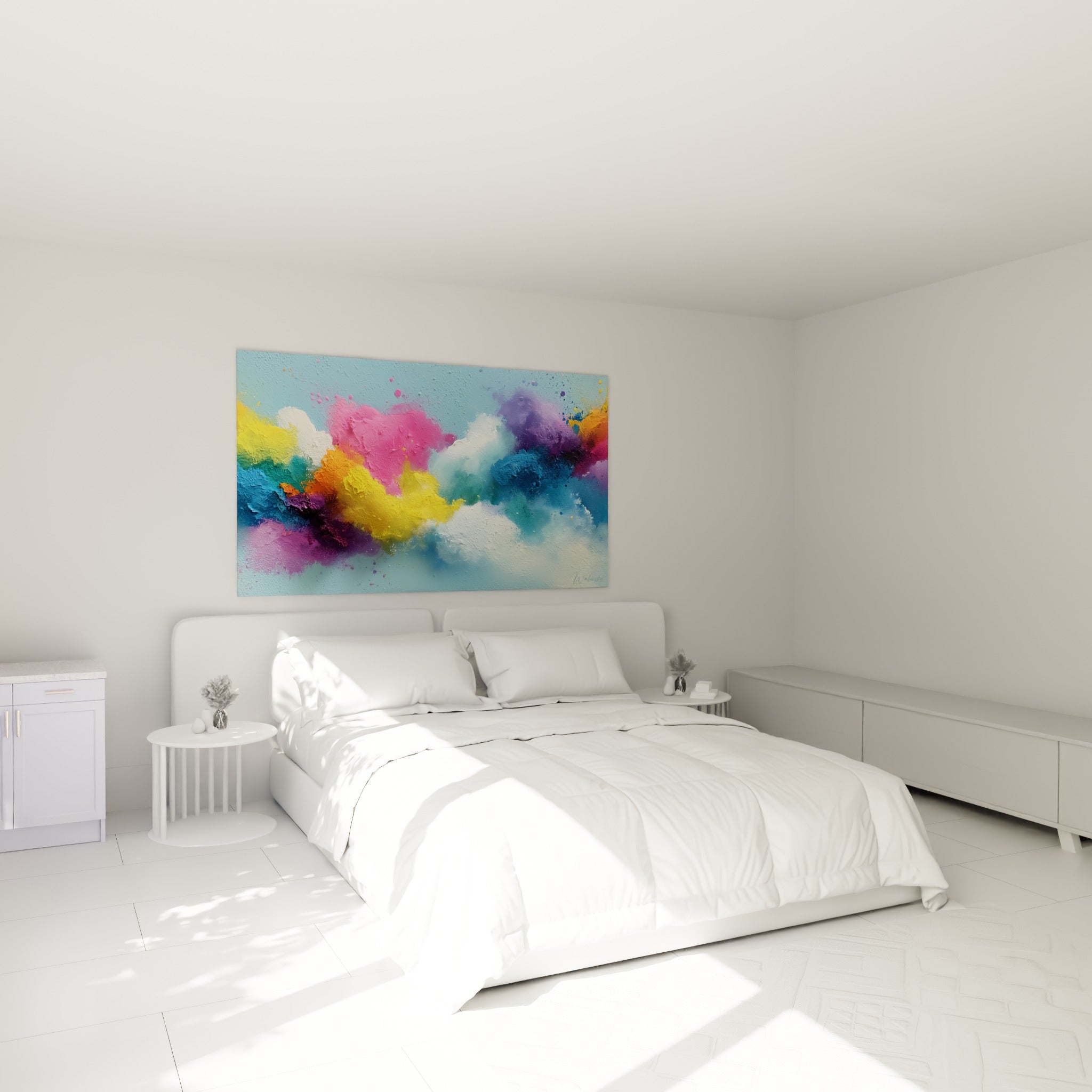 Explosion colorée jaune, rose et violette au-dessus d'un lit dans une chambre claire
