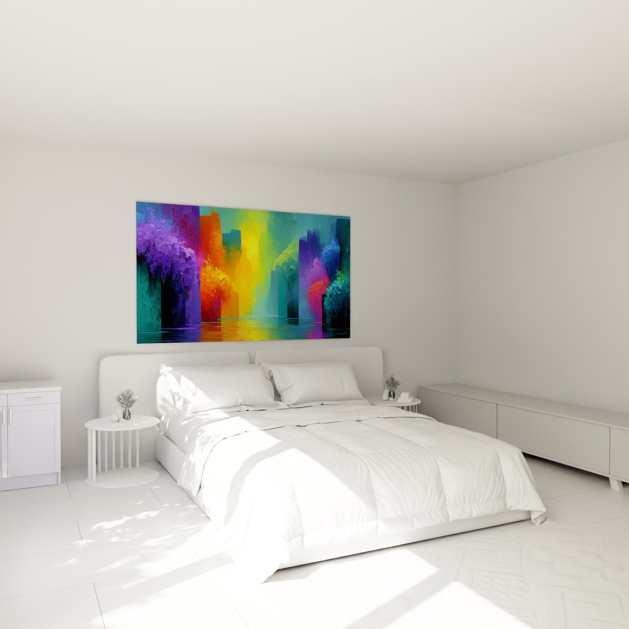 Formes verticales bleu marine et orange d'un tableau multicolore abstrait au-dessus d'un lit dans une chambre claire