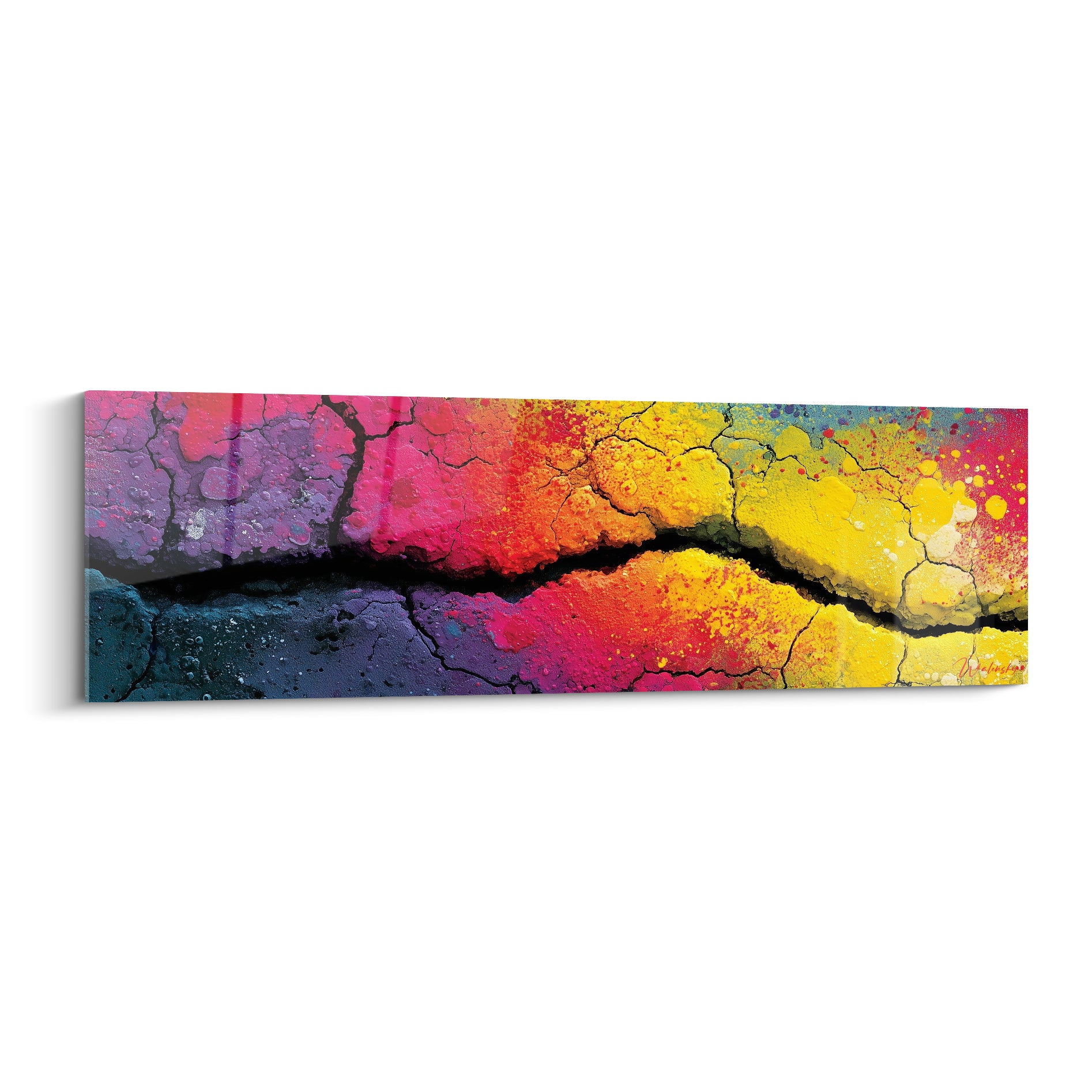 Faille craquelée jaune et rose fuchsia, texture volcanique du Multicolore abstrait sur fond violet et bleu