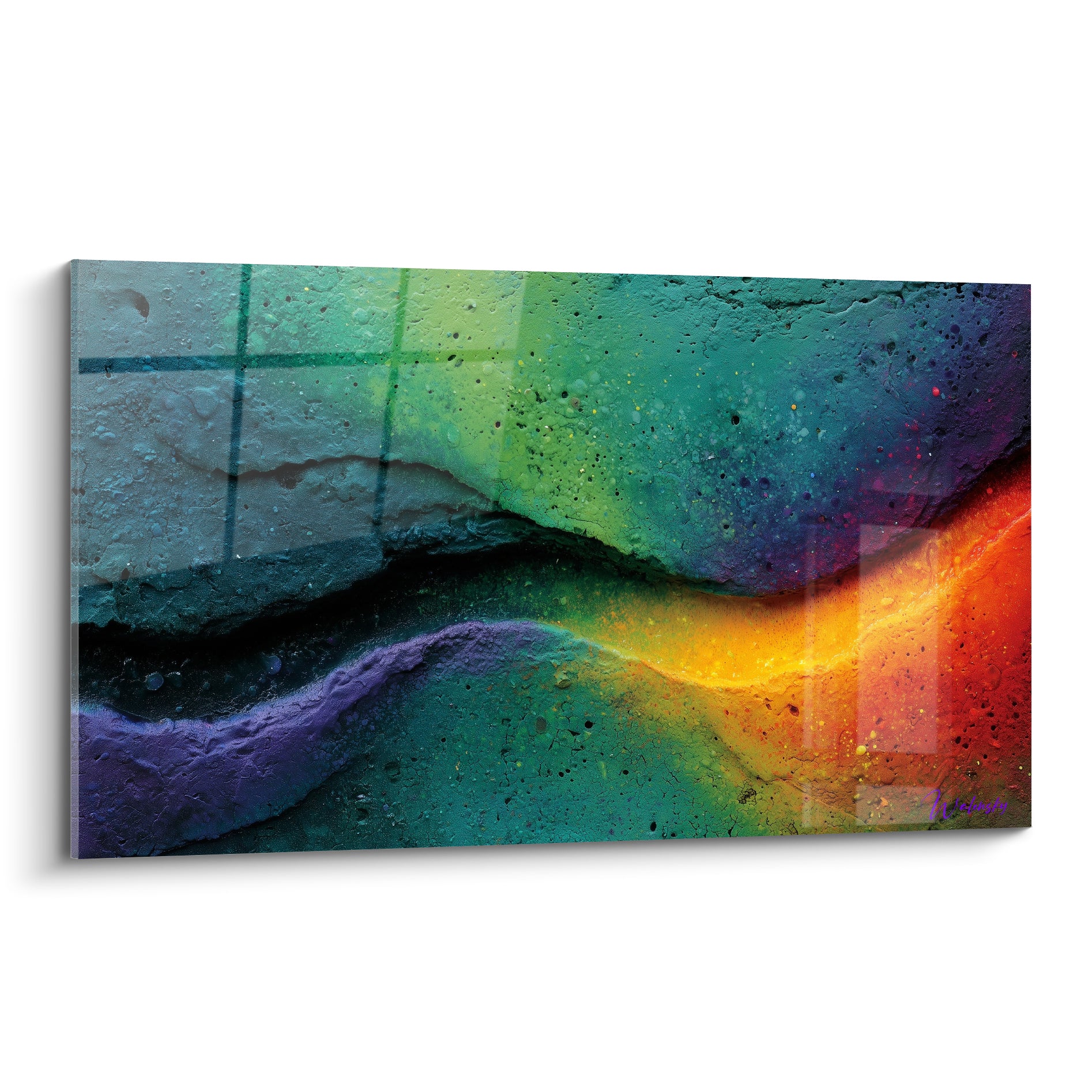 Faille orangée traversant une texture rocheuse turquoise et violette du tableau Multicolore abstrait