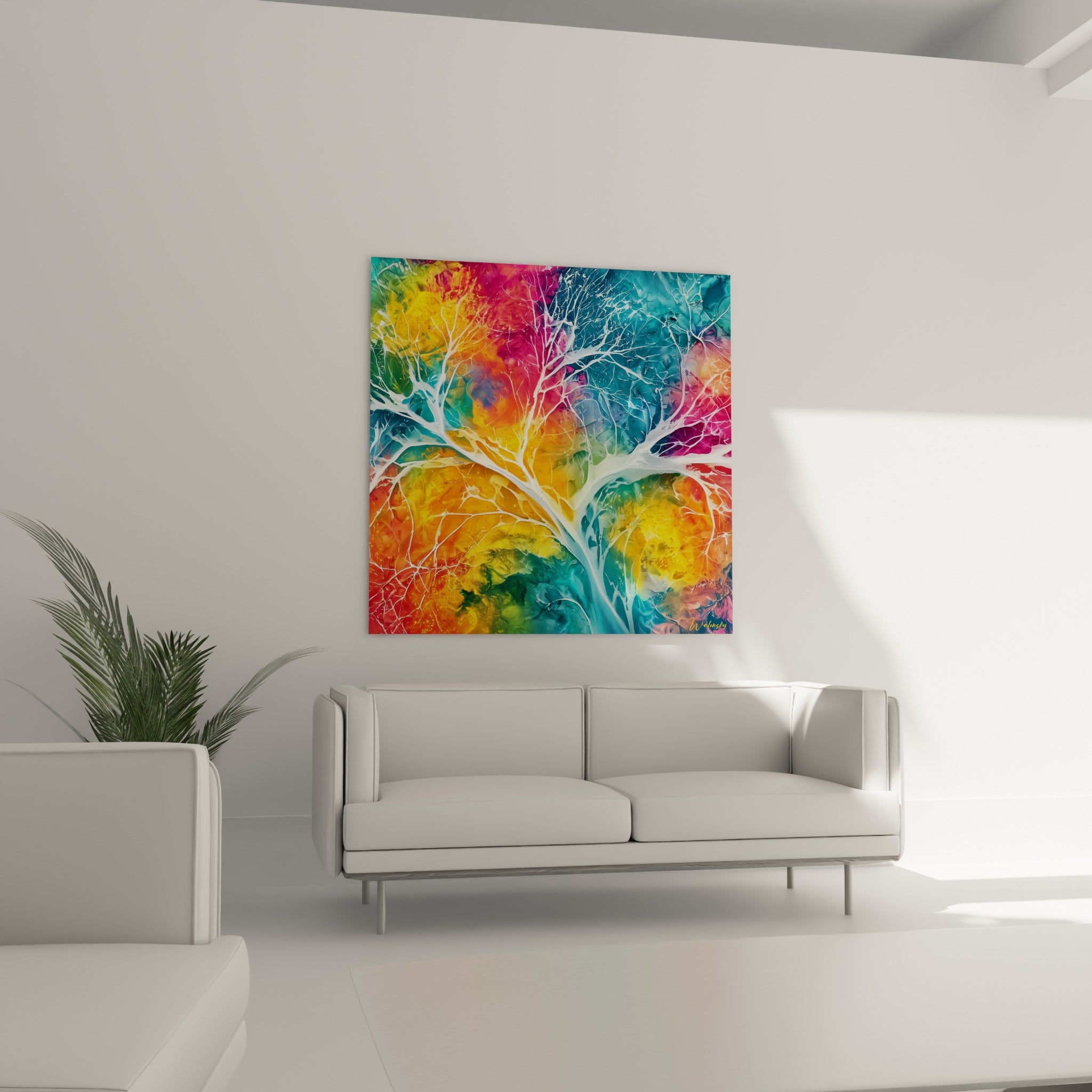 Branches lumineuses traversant un fond turquoise et fauve, tableau Multicolore abstrait au-dessus d'un canapé dans un salon lumineux