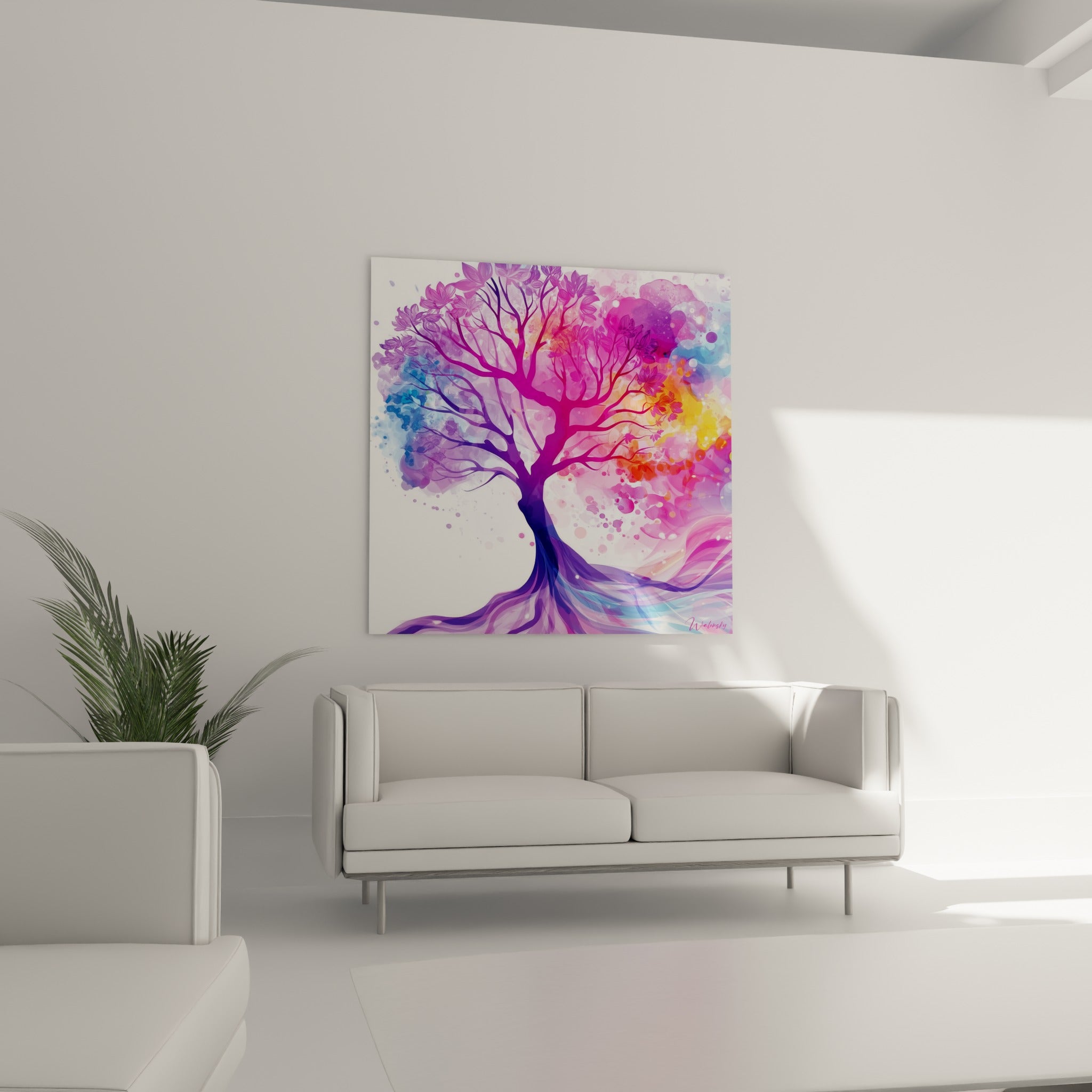 Feuillage coloré rose et doré d'un arbre stylisé, au-dessus d'un canapé dans un salon lumineux