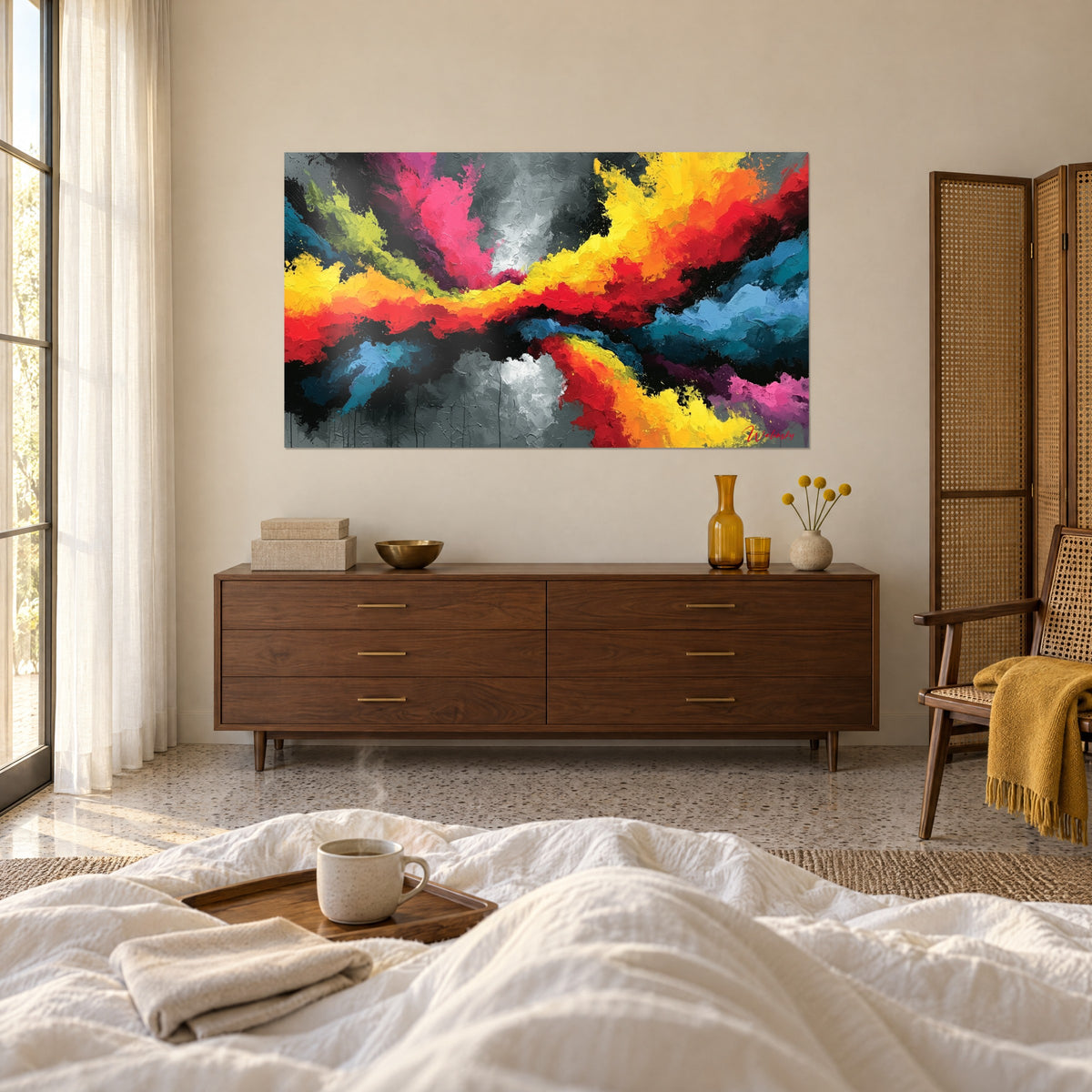 Quadro esplosione di pigmenti rosso vivo e giallo limone su grigio, vista dal letto, sopra un letto in una camera luminosa