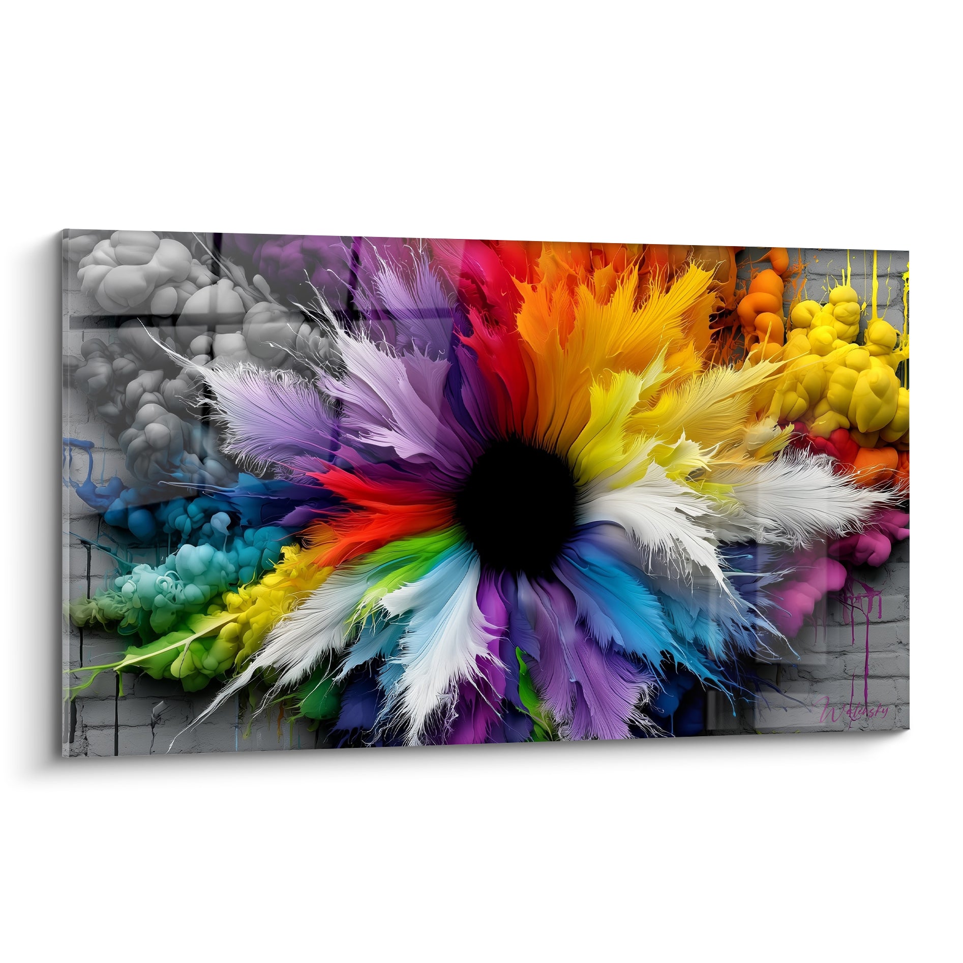 Fleur explosive aux pétales rouge, jaune et turquoise sur fond gris texturé, tableau multicolore abstrait
