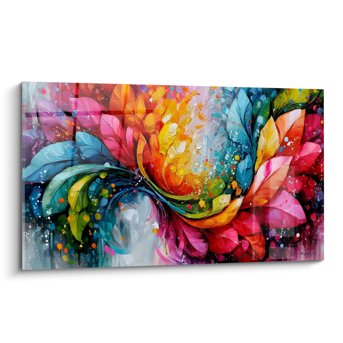 Fleur multicolore abstraite aux pétales orange, turquoise et rose, empâtements texturés en pleine toile