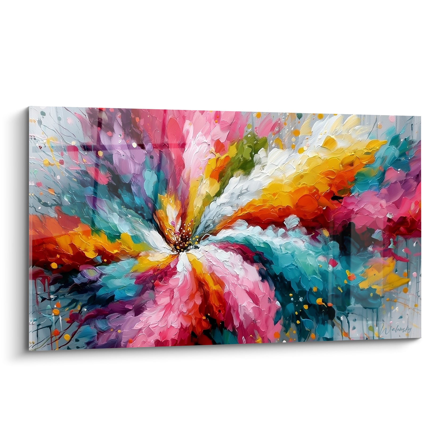 Fleur explosée en rose, turquoise et doré sur toile, touches épaisses et vibrantes