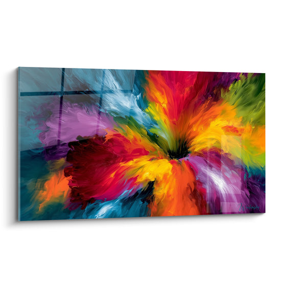 Explosion florale rouge, orangée et turquoise en plein épanouissement peint sur toile lumineuse