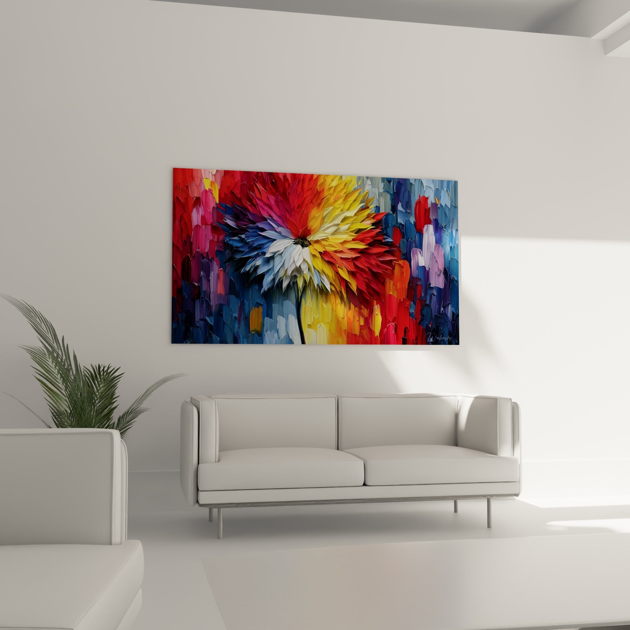 Fleur jaune doré et pourpre du tableau multicolore abstrait suspendue au-dessus d'un canapé dans un salon lumineux