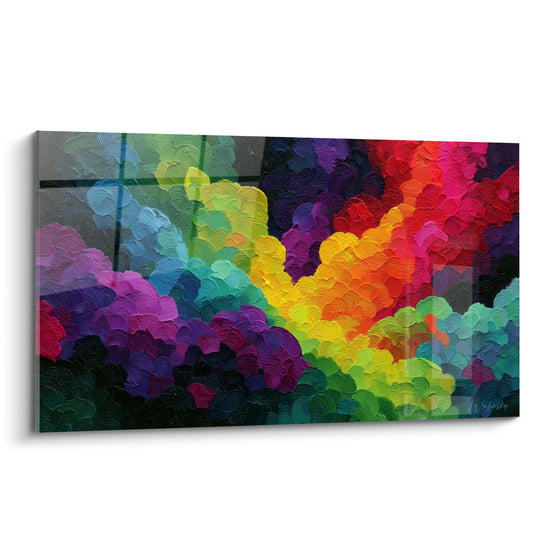 Fleurs abstraites aux touches violettes, dorées et turquoise en empâtement épais sur toile