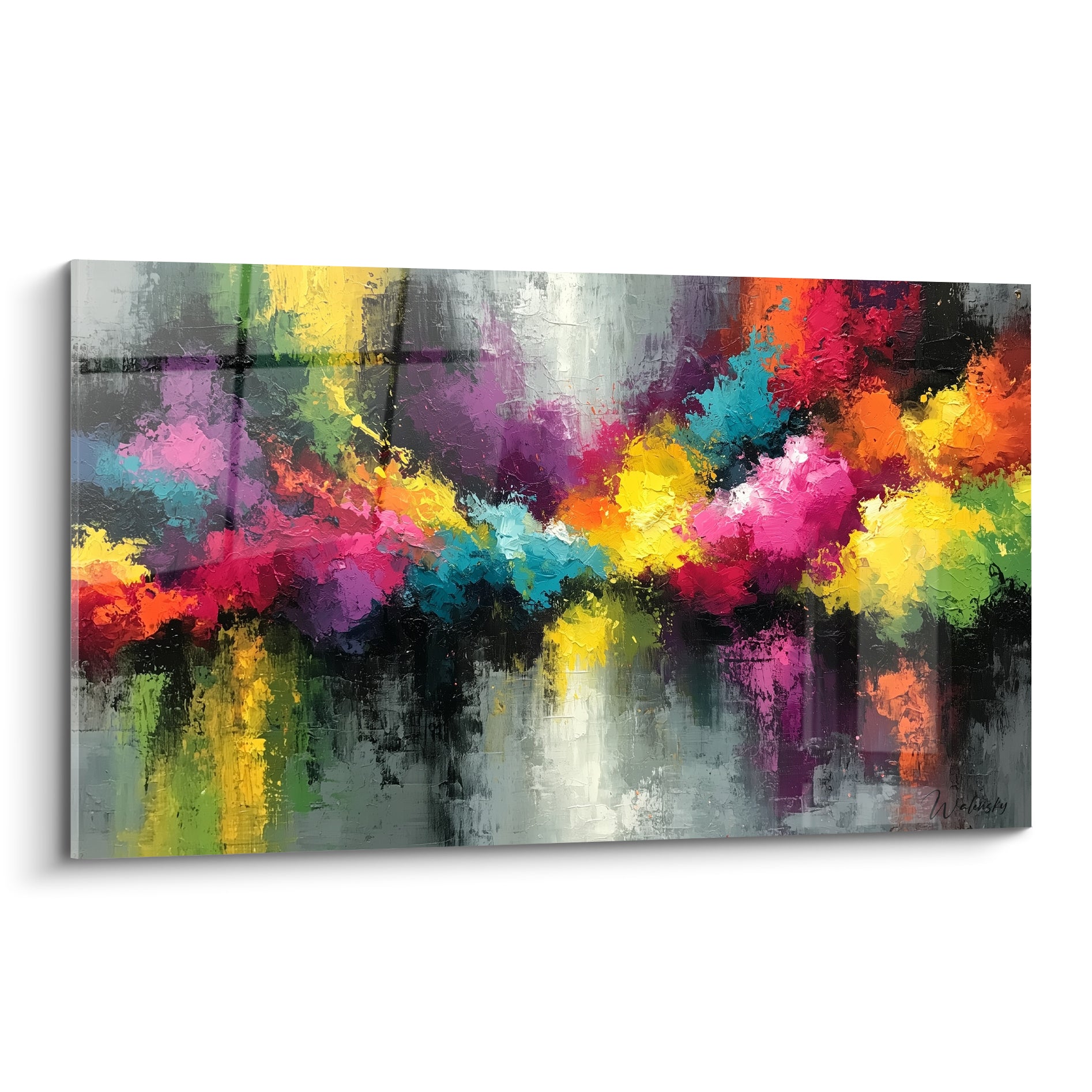 Bouquet abstrait fuchsia, turquoise et jaune safran sur fond gris ardoise texturé