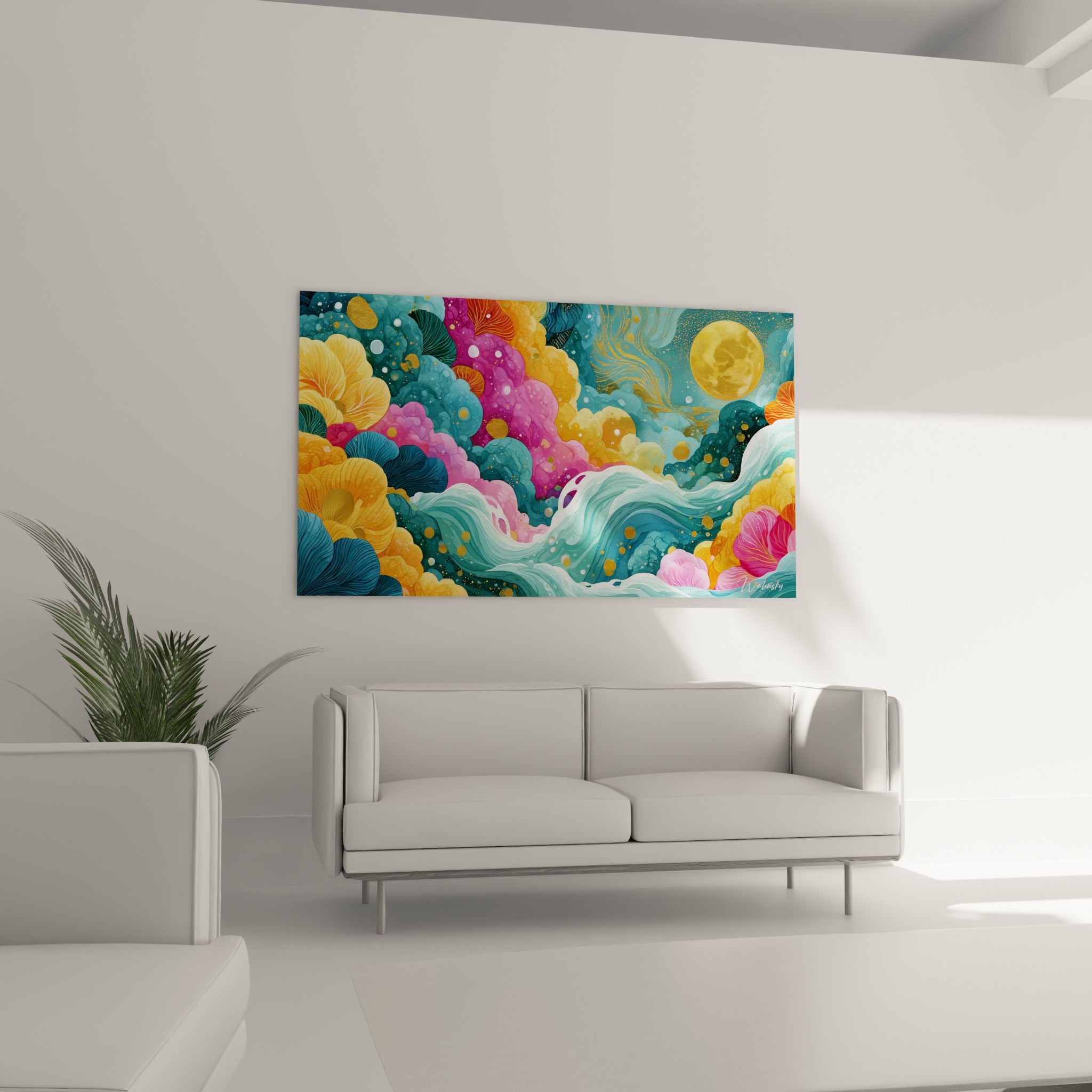 Vagues bleu marine et fleurs orangées se déployant, tableau multicolore abstrait au-dessus d'un canapé dans un salon lumineux