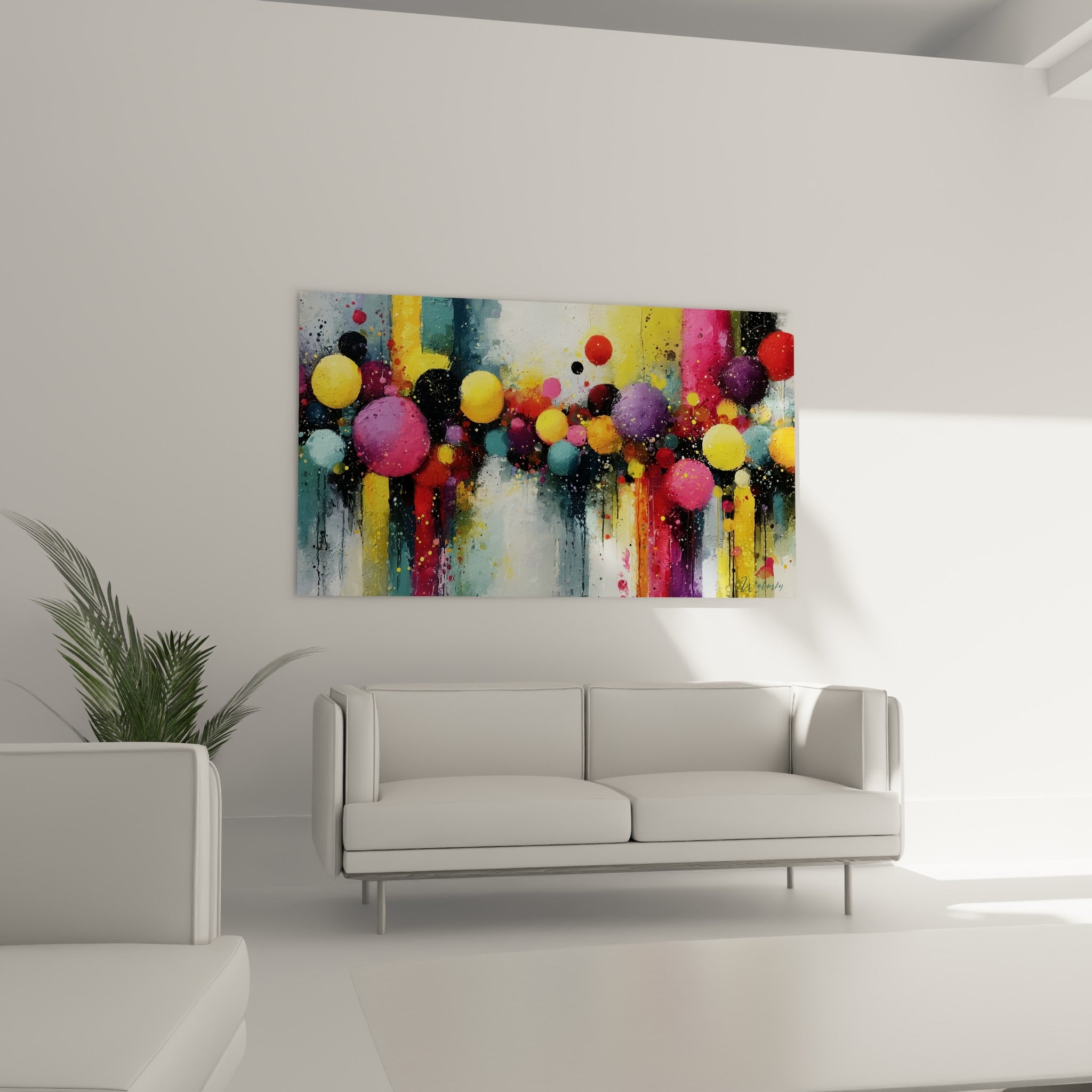 Formes rondes violettes et rose fuchsia traversées de coulures noires, accrochées au-dessus d'un canapé dans un salon lumineux