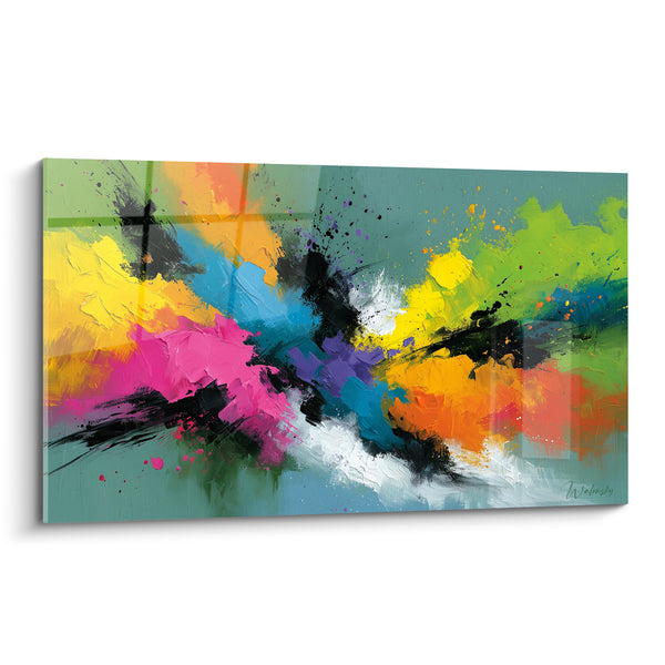 Tableau Explosion rose et jaune sur fond sauge - Déflagration chromatique - Edition Multicolore abstrait