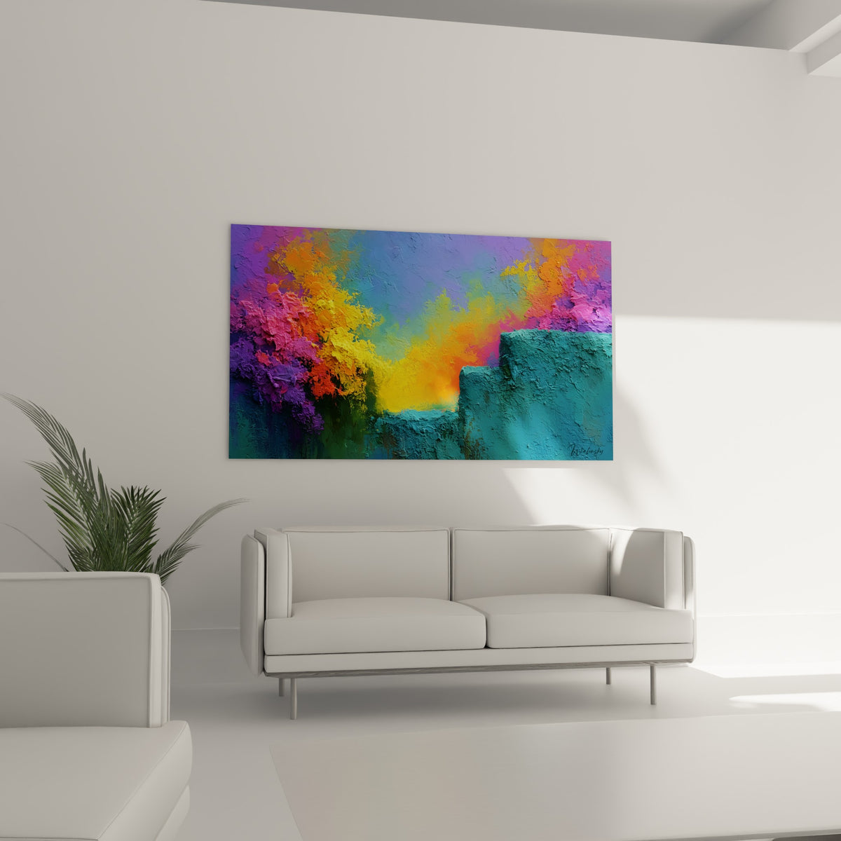 Végétation abstraite fuchsia et safran surplombant un canapé dans un salon lumineux, tableau Multicolore abstrait