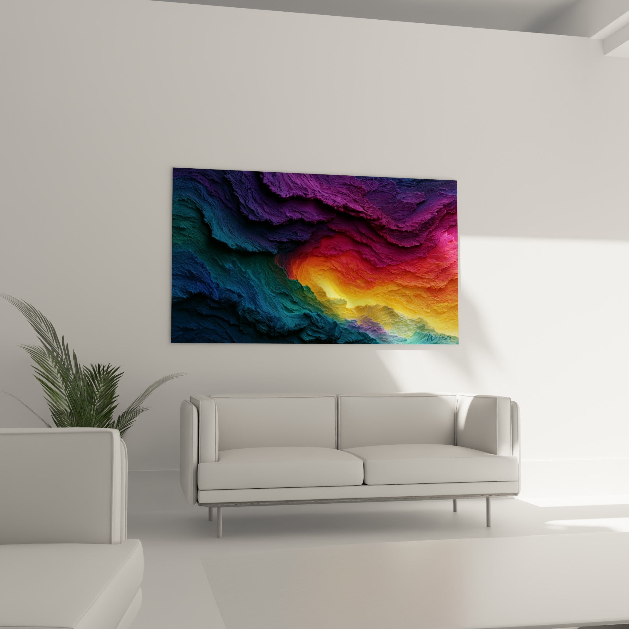 Explosion chromatique violette et dorée du tableau abstrait, au-dessus d'un canapé dans un salon lumineux