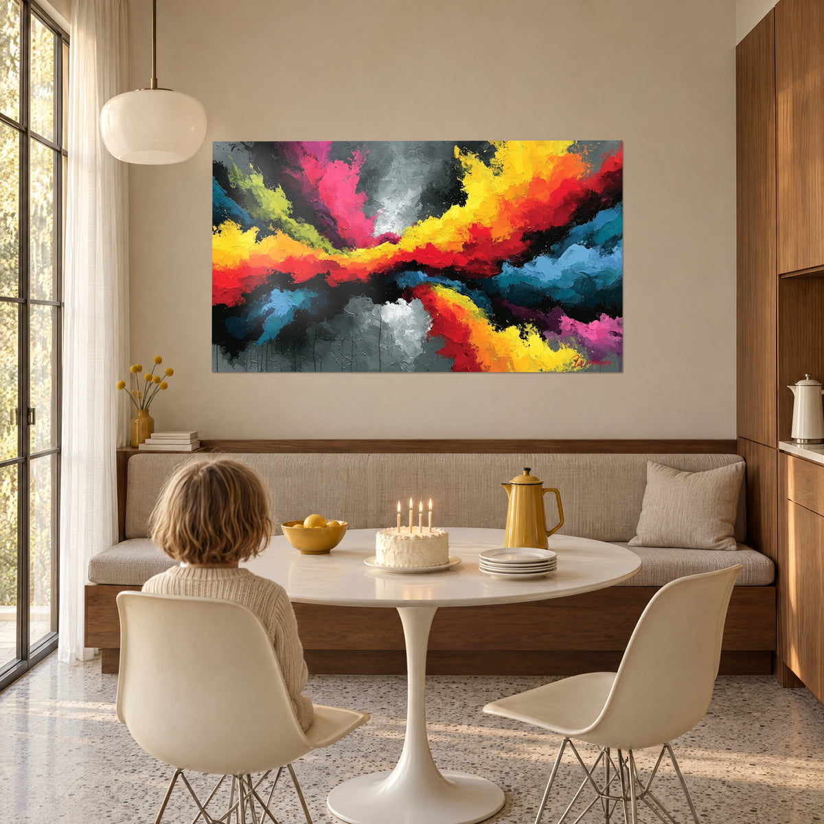 Quadro fuoco astratto arancio e blu petrolio a pennellate di spatola, bambino di spalle, torta di compleanno su un tavolo rotondo