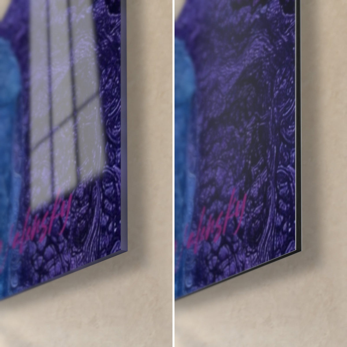 Schilderij met vloeiende oranje en paarse golven, rechtsonder, glanzend glas links, mat Dibond rechts, 3 mm dikte