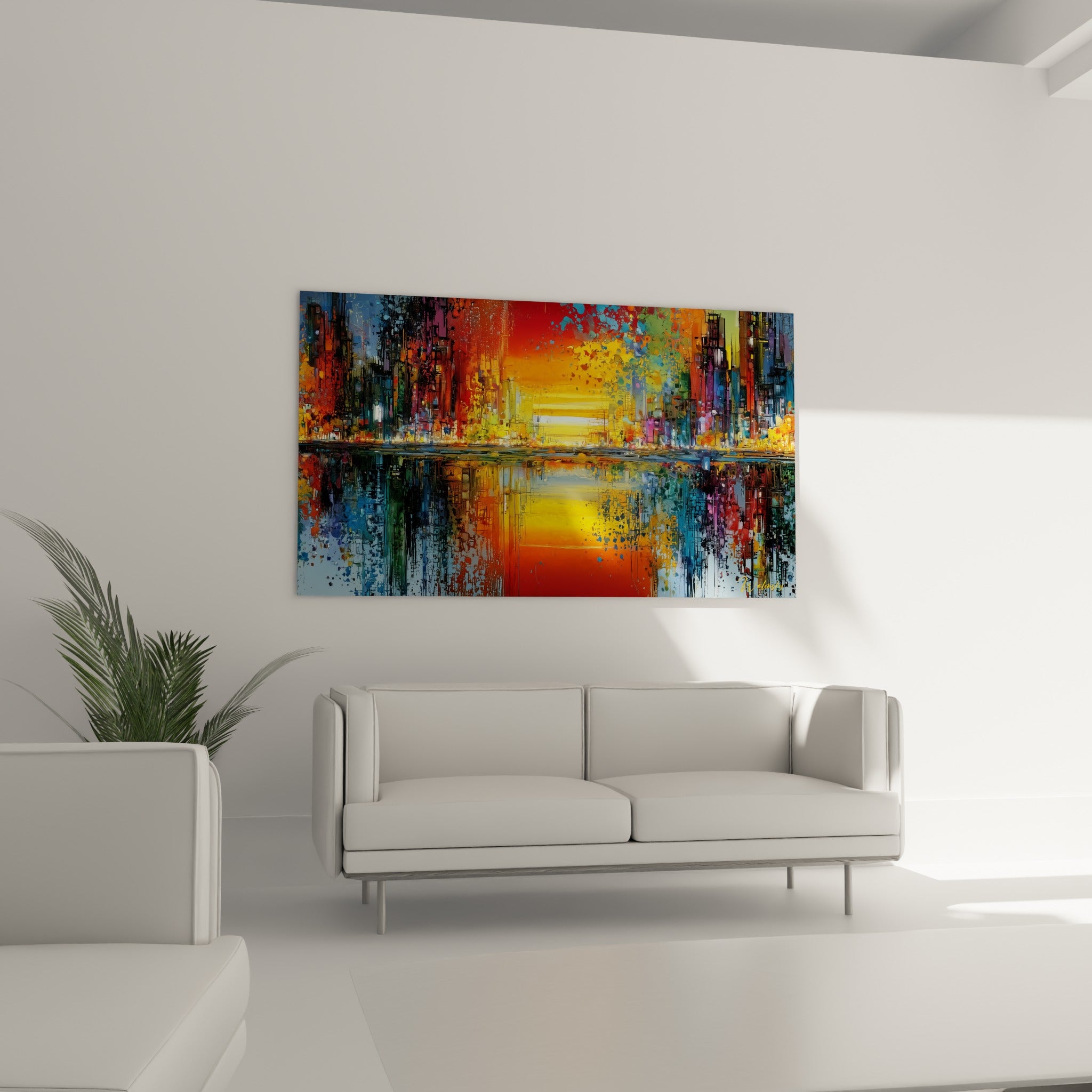 Gratte-ciel stylisés orange et turquoise se reflétant sur l'eau, au-dessus d'un canapé dans un salon lumineux