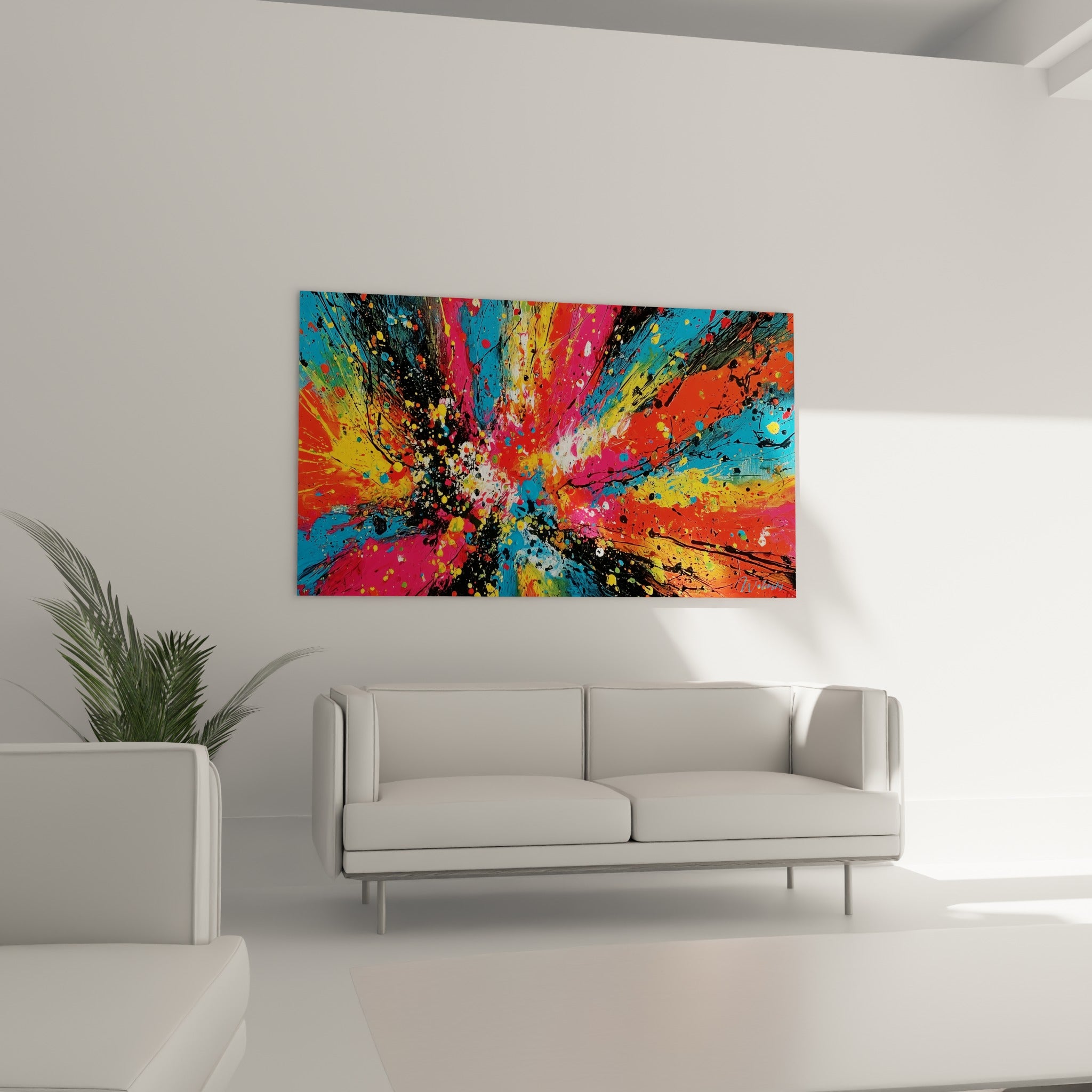Jaillissement de peinture rose et jaune safran, suspendu au-dessus d'un canapé dans un salon lumineux