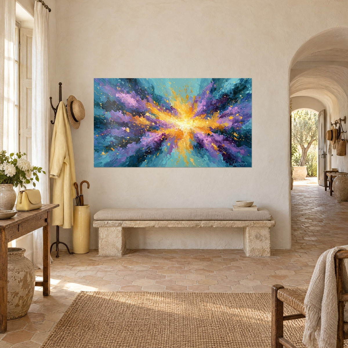 Wall art bright yellow and purple shockwave with thick knife-applied paint, in a Provençal stone entrance hall